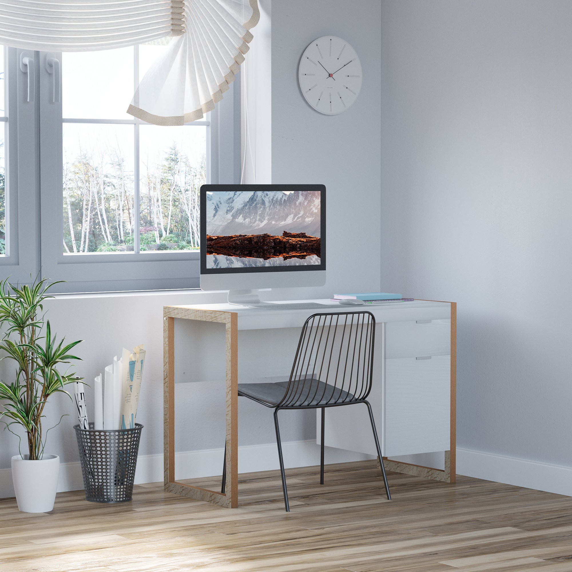 Desk Computer Desk with Drawer Cabinet Rectangular Legs Modern Style Additional Decoration 112.5x50x75.5 cm White