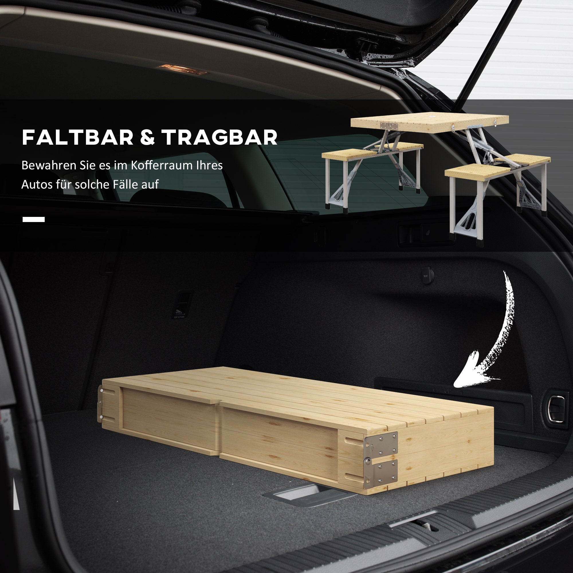 Folding Picnic Table Garden Seating Set with Bench and Umbrella Hole, Portable Camping Table and Chairs, for Patio, Yard, Fir, Natural Wood