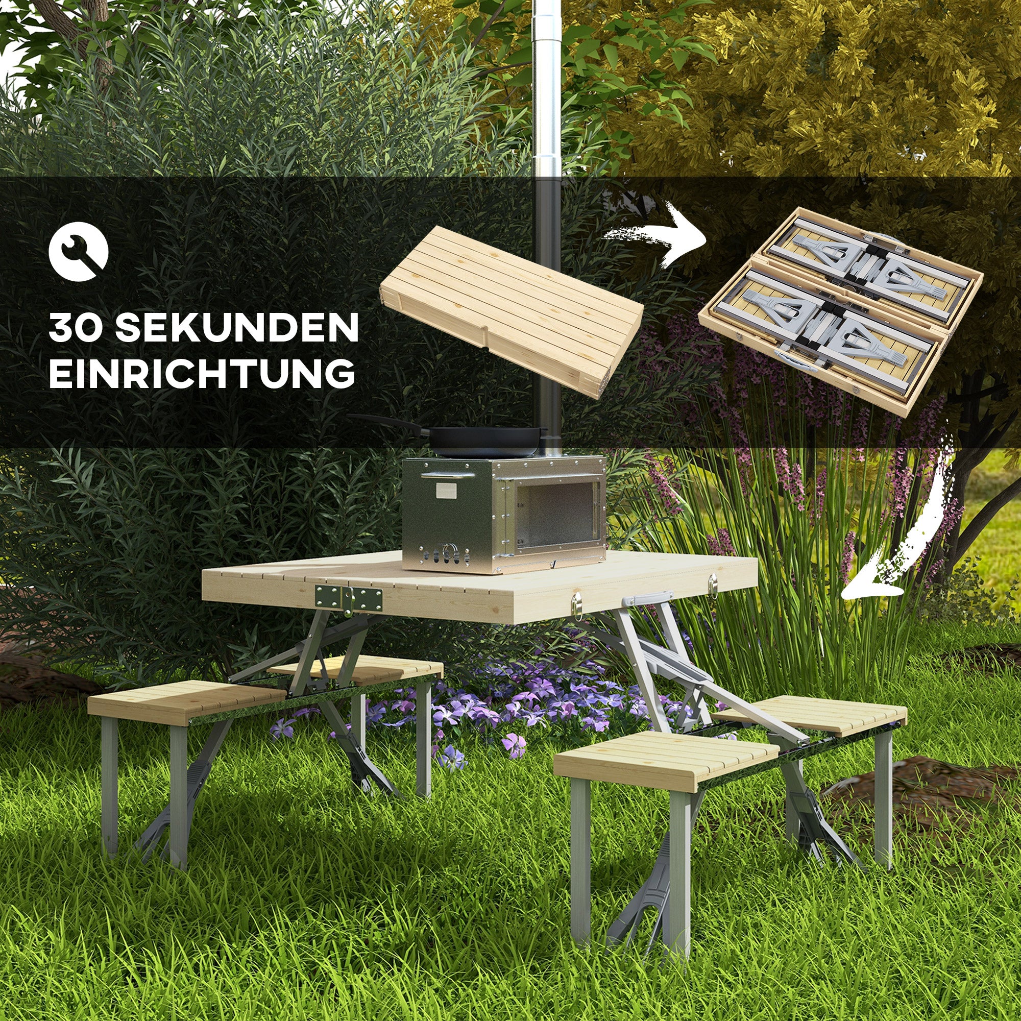 Folding Picnic Table Garden Seating Set with Bench and Umbrella Hole, Portable Camping Table and Chairs, for Patio, Yard, Fir, Natural Wood