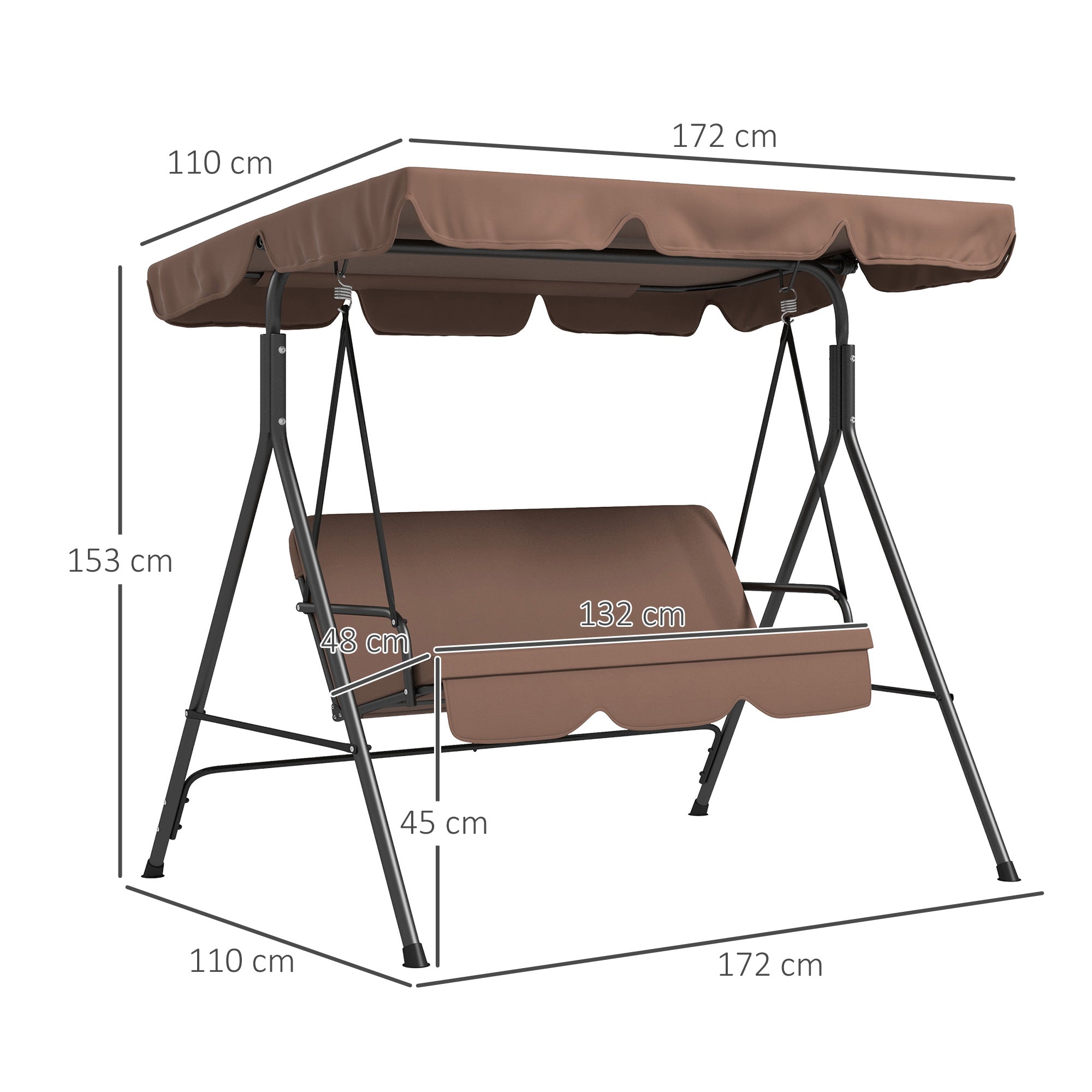 Hollywood Swing Seat with Adjustable Sun Canopy, 3-Seater Garden Swing Seat with Anti-Slip Feet, Water-Resistant Swing Bench Loadable up to 200 kg, for Garden, 172x110x153cm, Brown