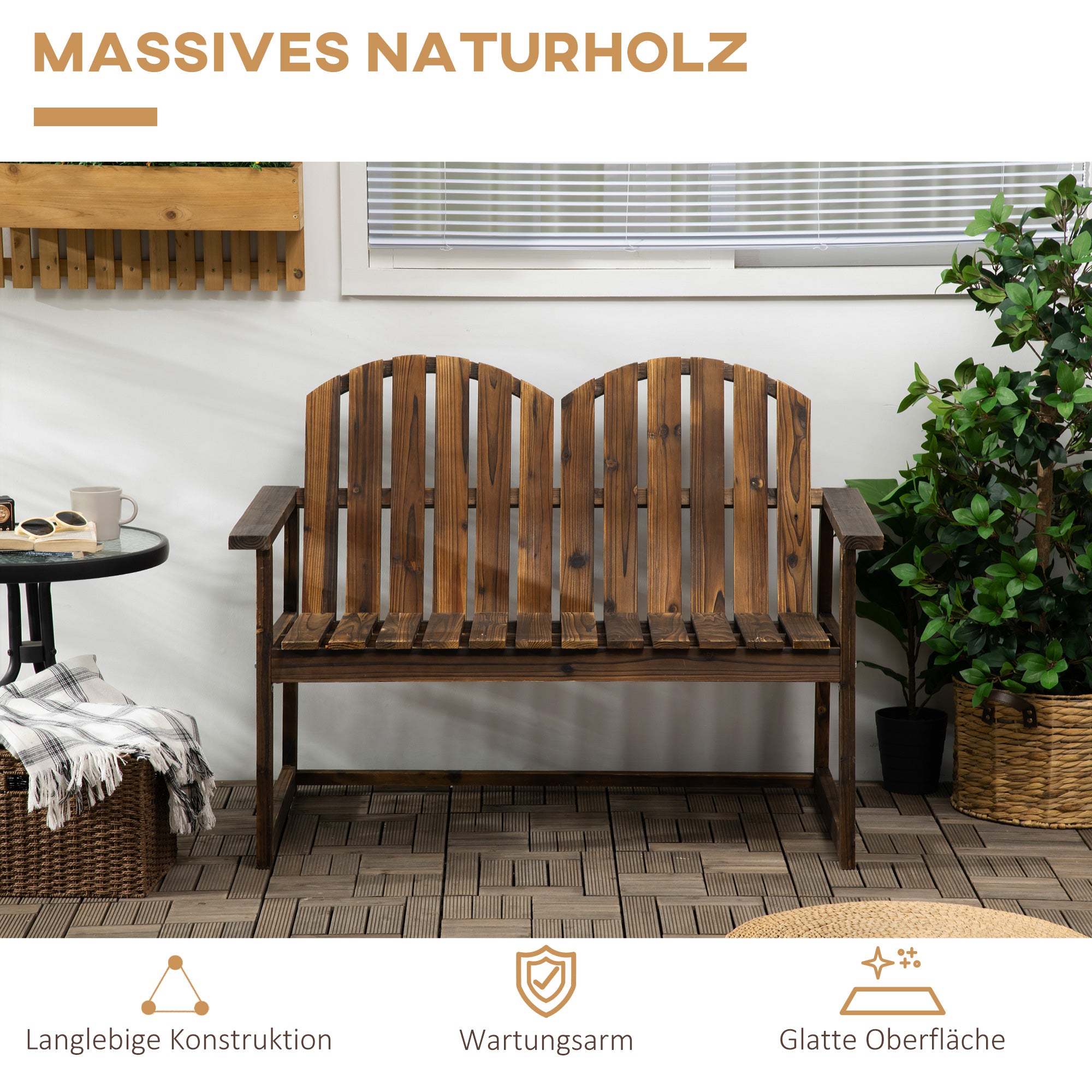Garden Bench, 2-Seater Bench, Wooden Bench with Backrest, Armrest, Park Bench, Load Capacity up to 240 kg, for Garden, Balcony, Charcoal, 114 x 63 x 86 cm