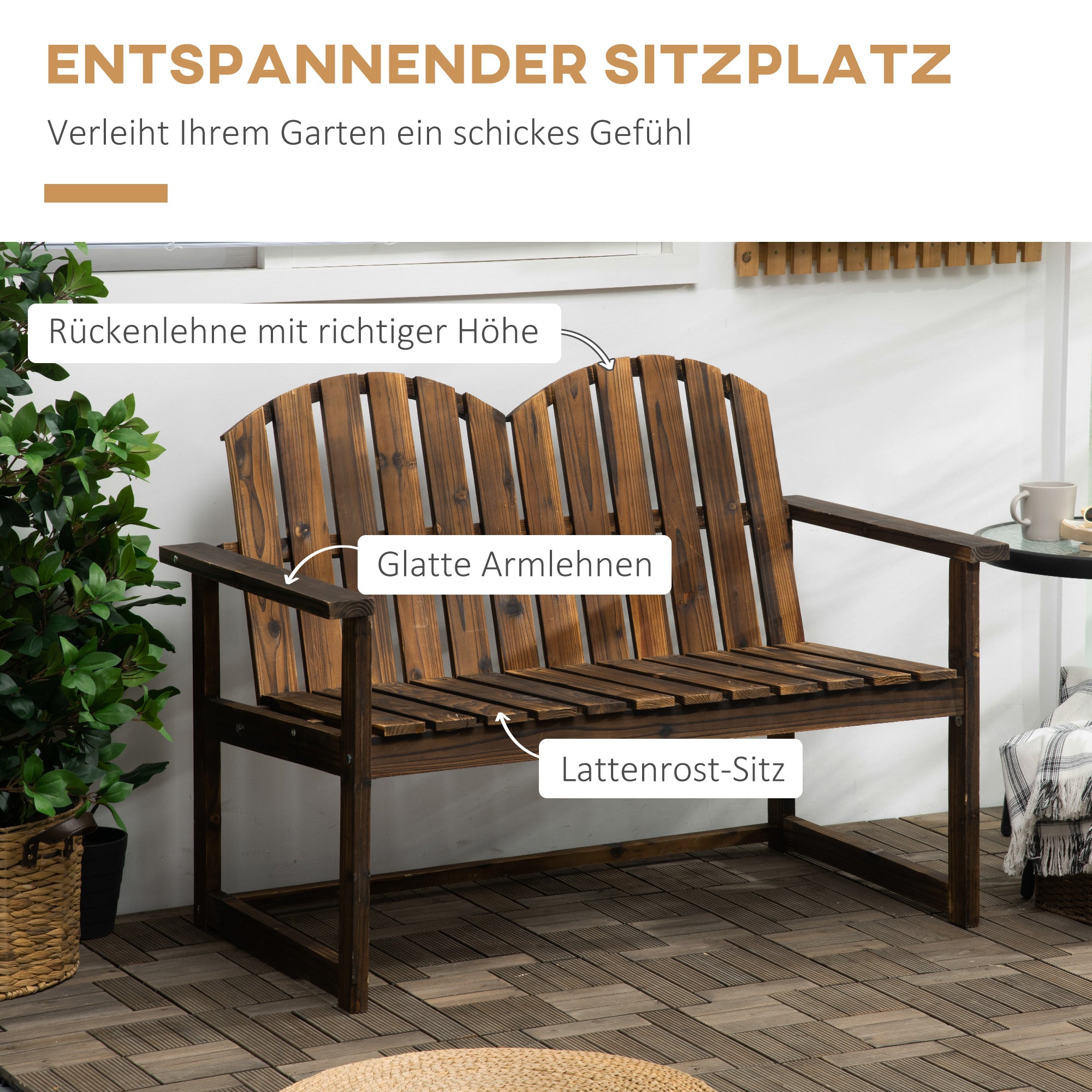 Garden Bench, 2-Seater Bench, Wooden Bench with Backrest, Armrest, Park Bench, Load Capacity up to 240 kg, for Garden, Balcony, Charcoal, 114 x 63 x 86 cm