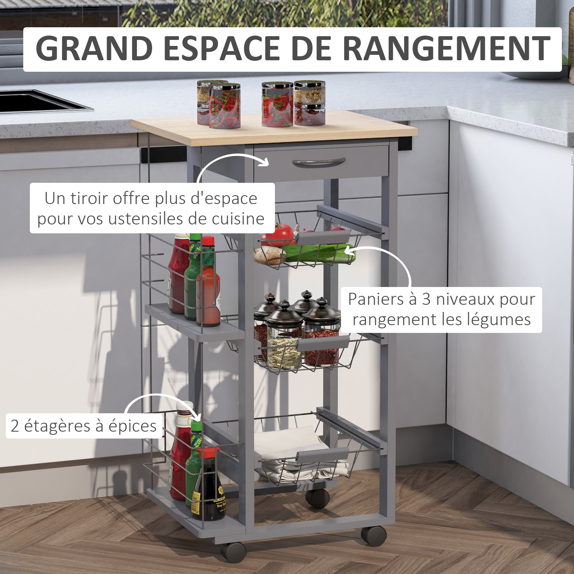 Kitchen Service Trolley Multi-Storage Kitchen Trolley 3 Metal Baskets Drawer + 2 Bottle Racks Gray Pine Wood