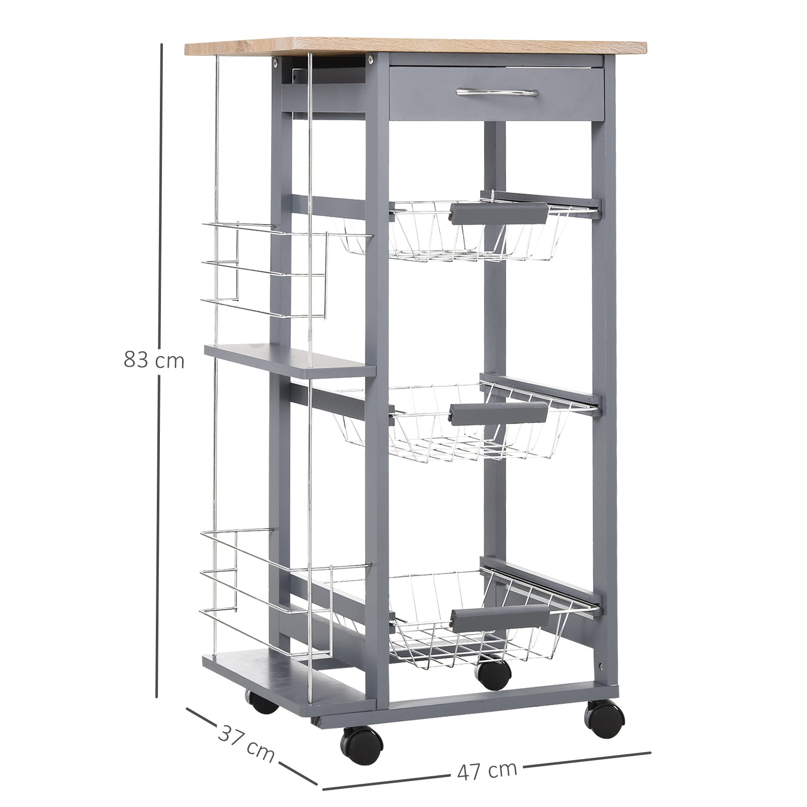 Kitchen Service Trolley Multi-Storage Kitchen Trolley 3 Metal Baskets Drawer + 2 Bottle Racks Gray Pine Wood