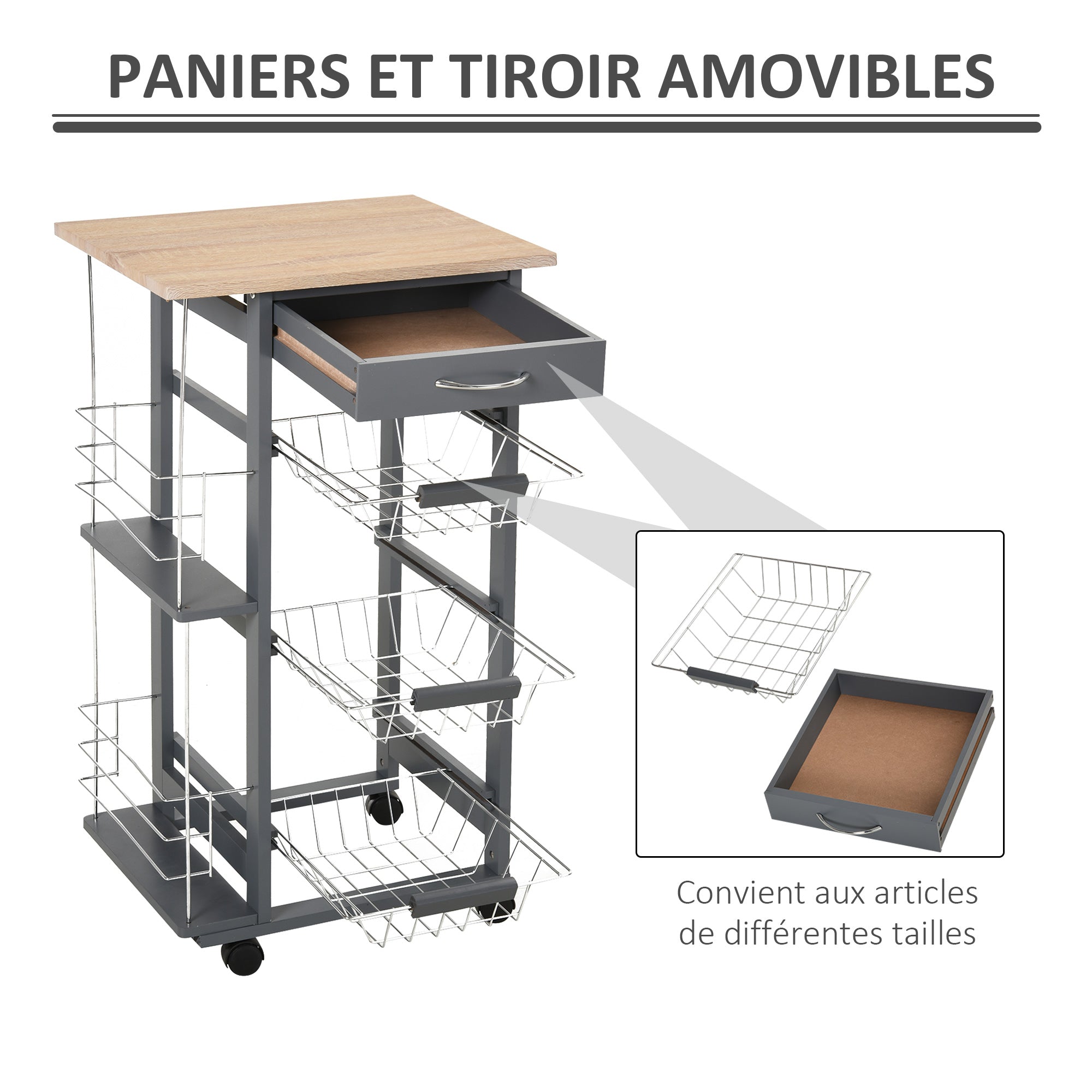 Kitchen Service Trolley Multi-Storage Kitchen Trolley 3 Metal Baskets Drawer + 2 Bottle Racks Gray Pine Wood