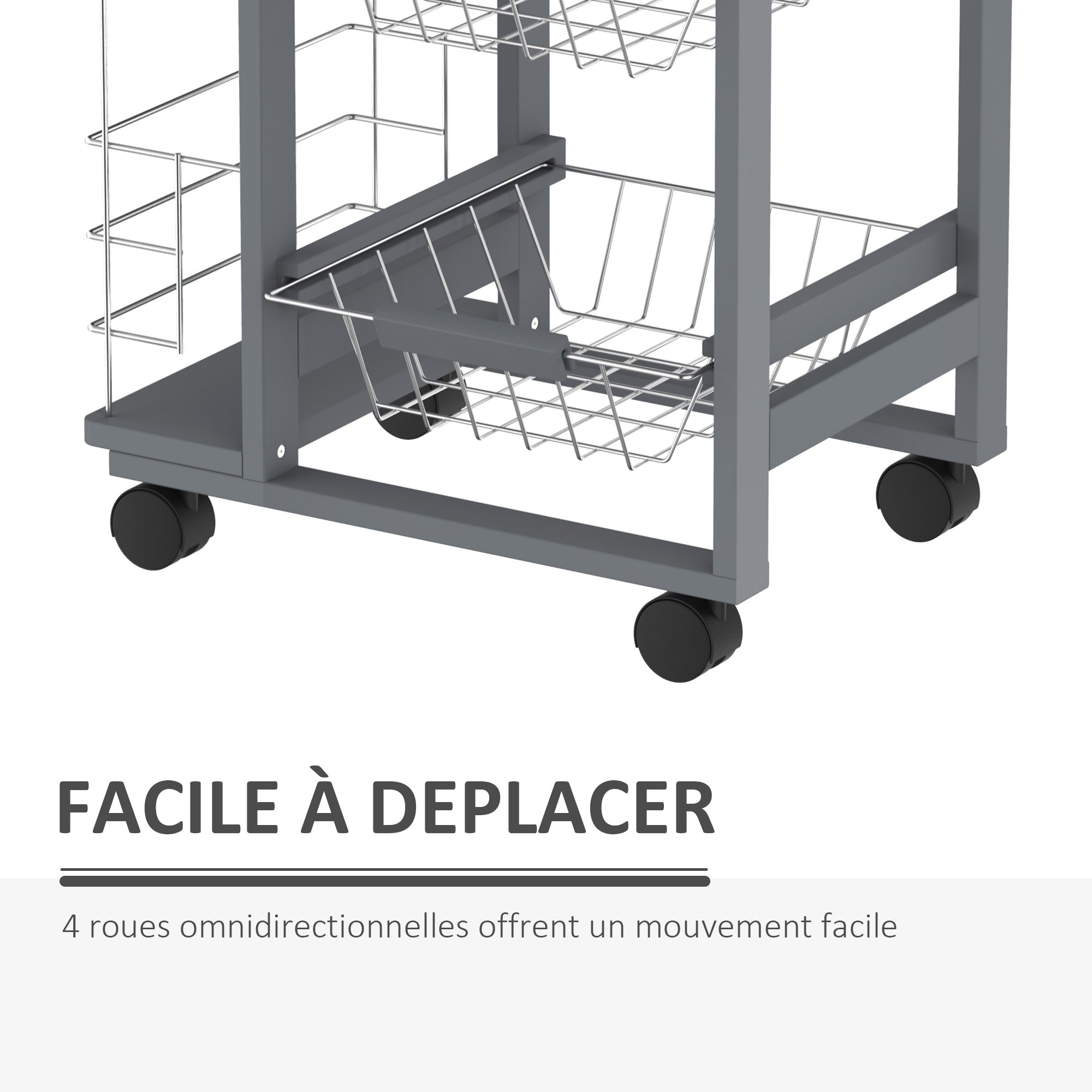 Kitchen Service Trolley Multi-Storage Kitchen Trolley 3 Metal Baskets Drawer + 2 Bottle Racks Gray Pine Wood