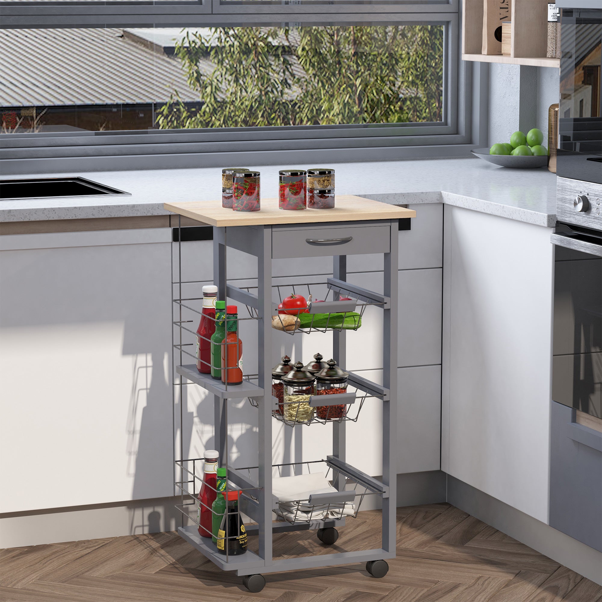 Kitchen Service Trolley Multi-Storage Kitchen Trolley 3 Metal Baskets Drawer + 2 Bottle Racks Gray Pine Wood