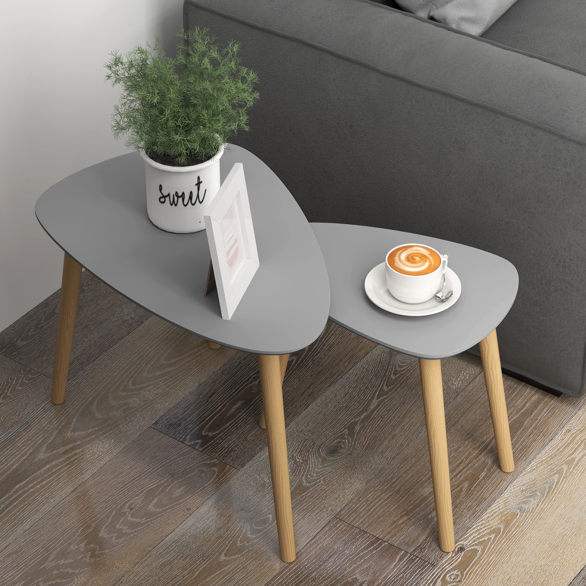 Set of 2 Nesting Side Tables with Wooden Legs Coffee Tables for Living Room Bedroom Office 59.5x39.5x45 cm and 44.5x28.5x40 cm Gray and Natural