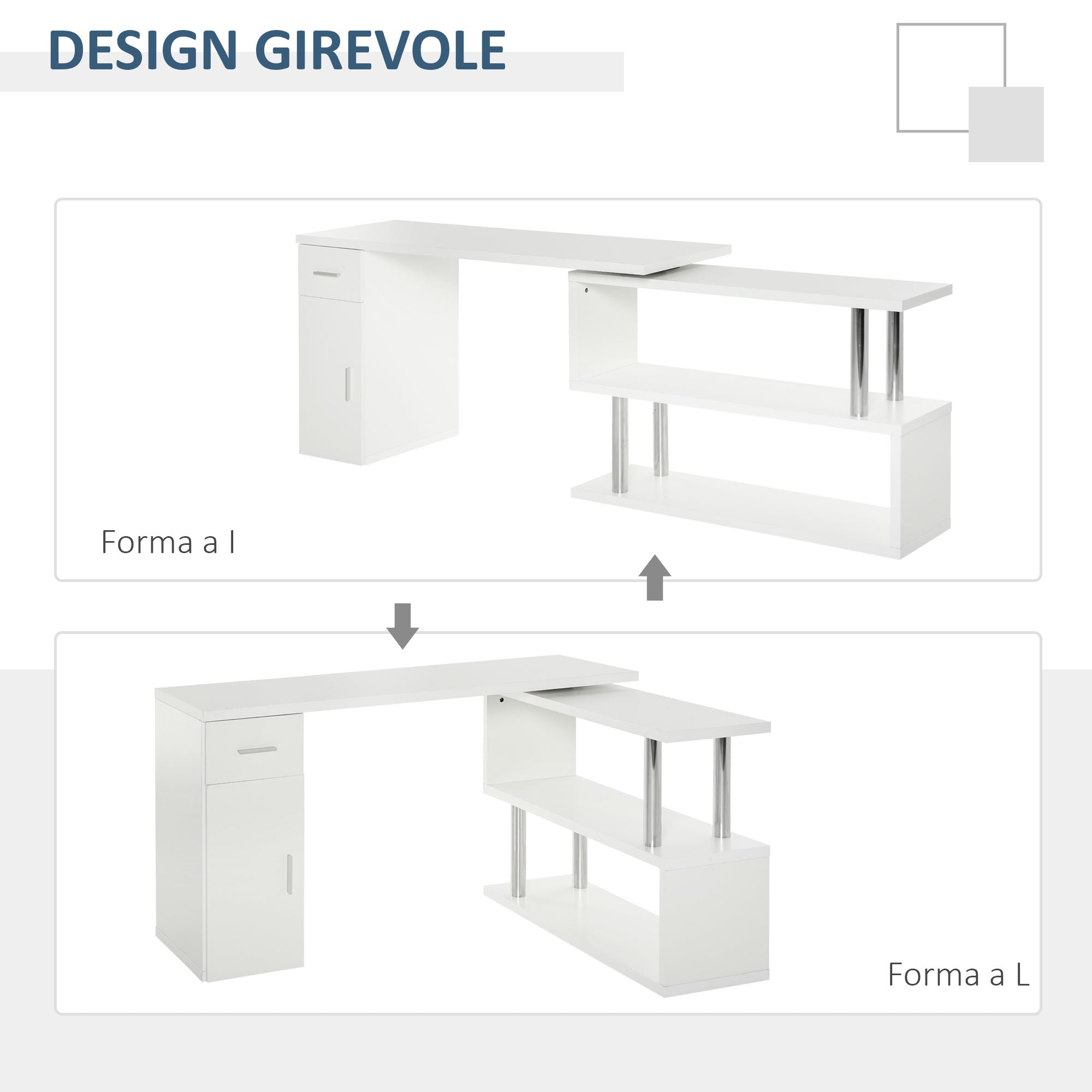 Modern Corner Desk in Wood with Drawer, Cabinet, and Shelves, Ideal for Office and Home Decor, White