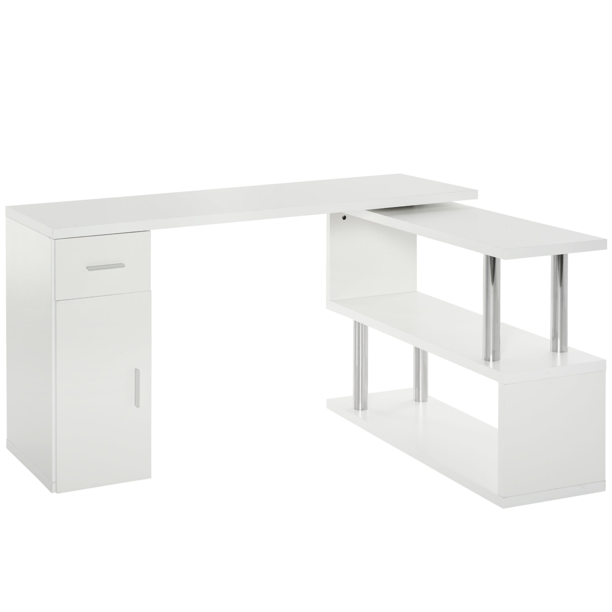 Modern Corner Desk in Wood with Drawer, Cabinet, and Shelves, Ideal for Office and Home Decor, White
