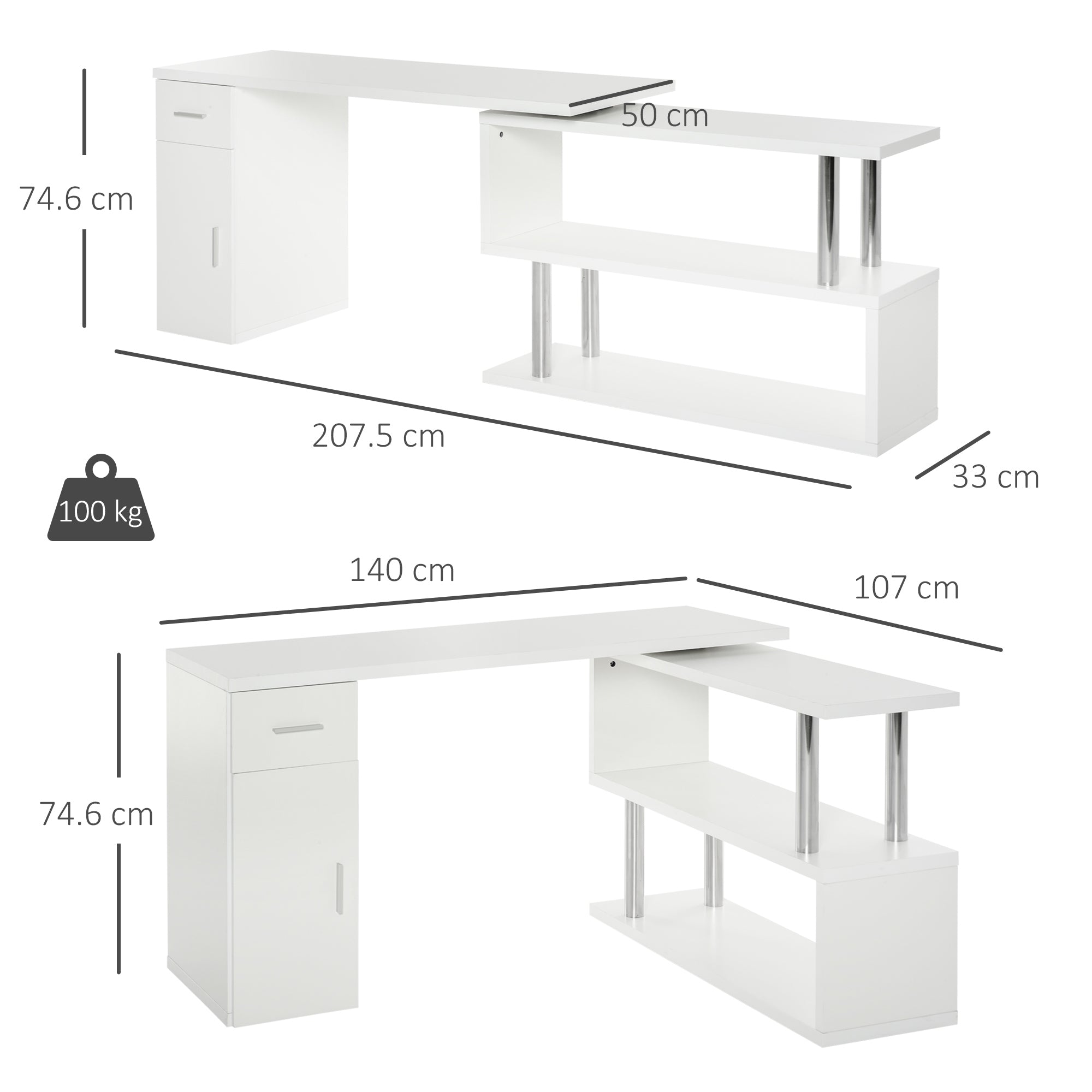 Modern Corner Desk in Wood with Drawer, Cabinet, and Shelves, Ideal for Office and Home Decor, White