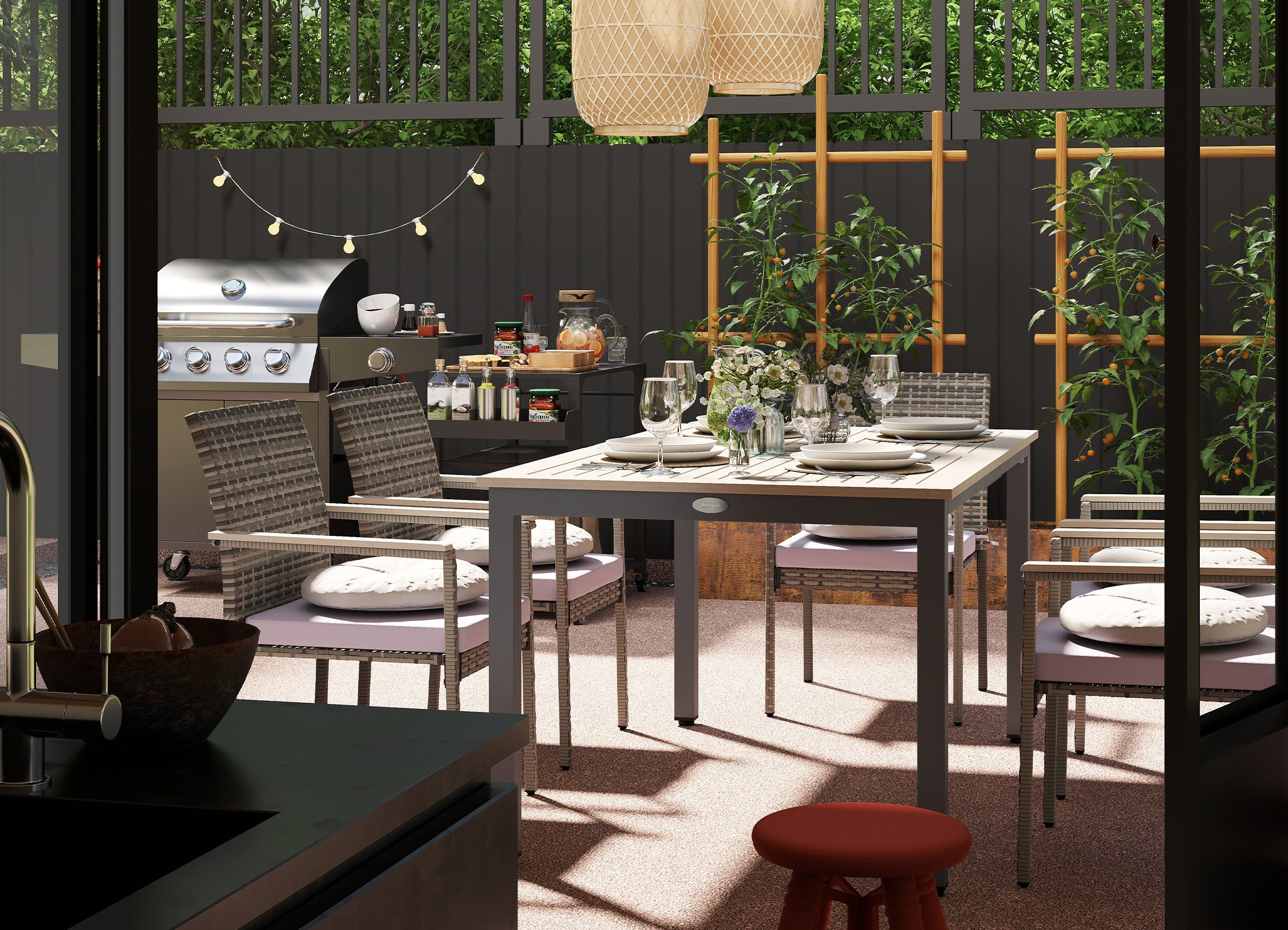 Outdoor patio with dining table, chairs, and grill area.