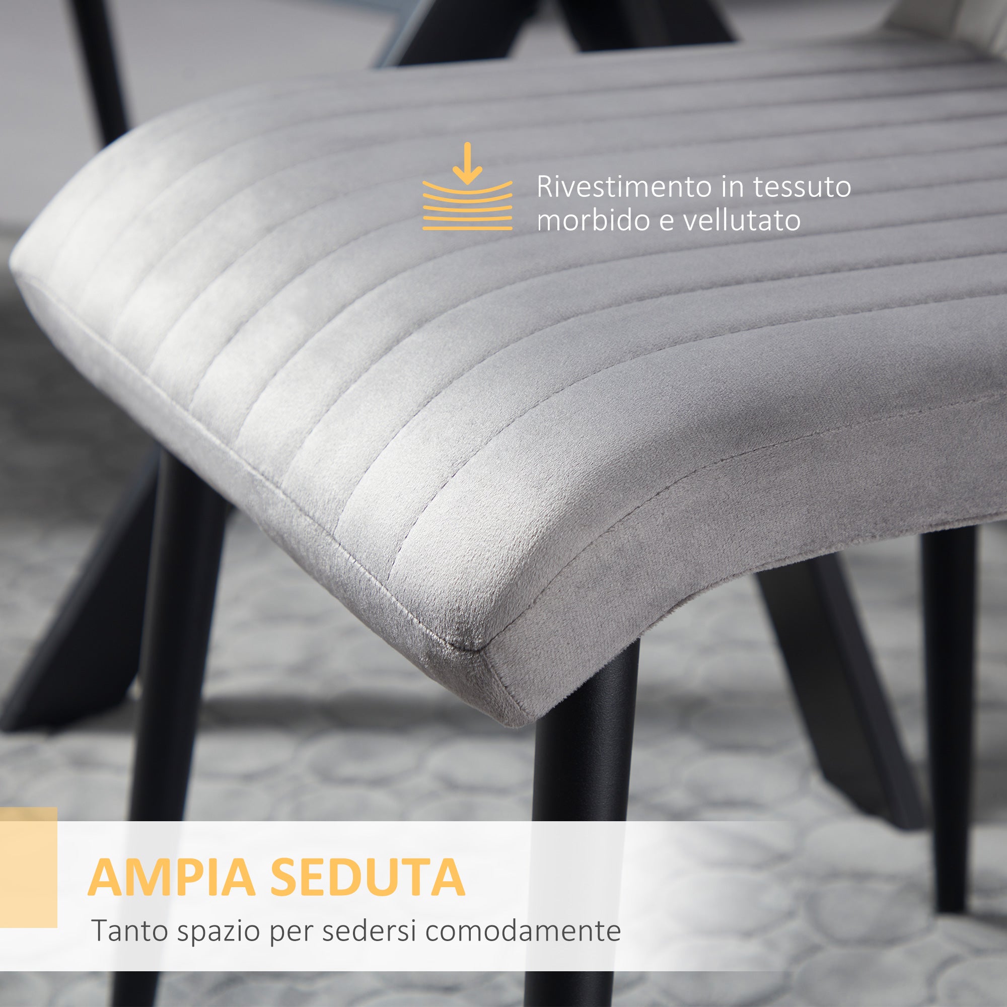 2 pcs Upholstered Velvet Effect Fabric Dining Chairs, Kitchen Chairs with Steel Legs and Space-Saving Design, 43x58x90 cm, Gray and Black