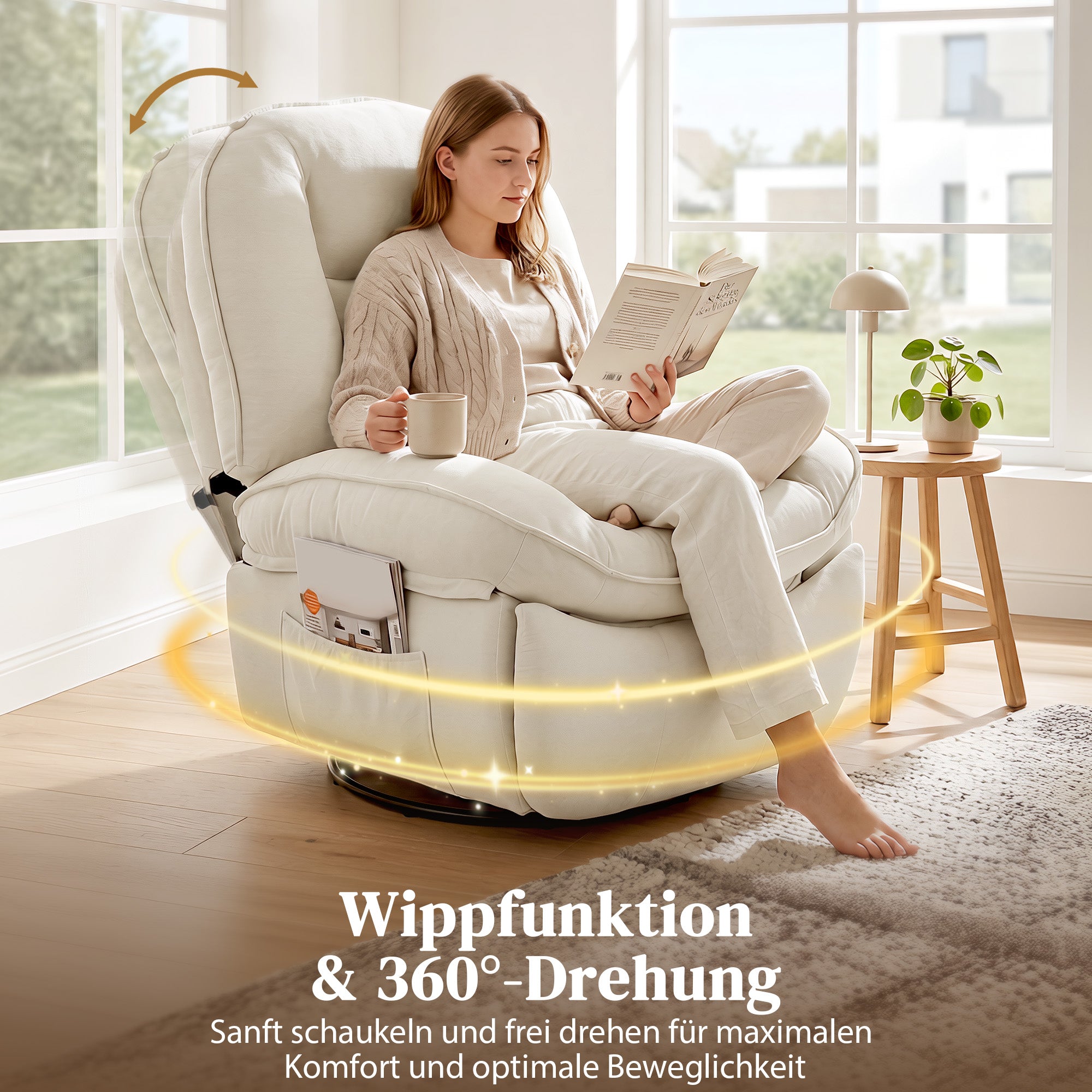 Recliner Chair — Padded Swivel & Rocking TV Recliner with Footrest, Deep Seat, Chenille Upholstery, Side Pocket, Up to 331 lb, Cream