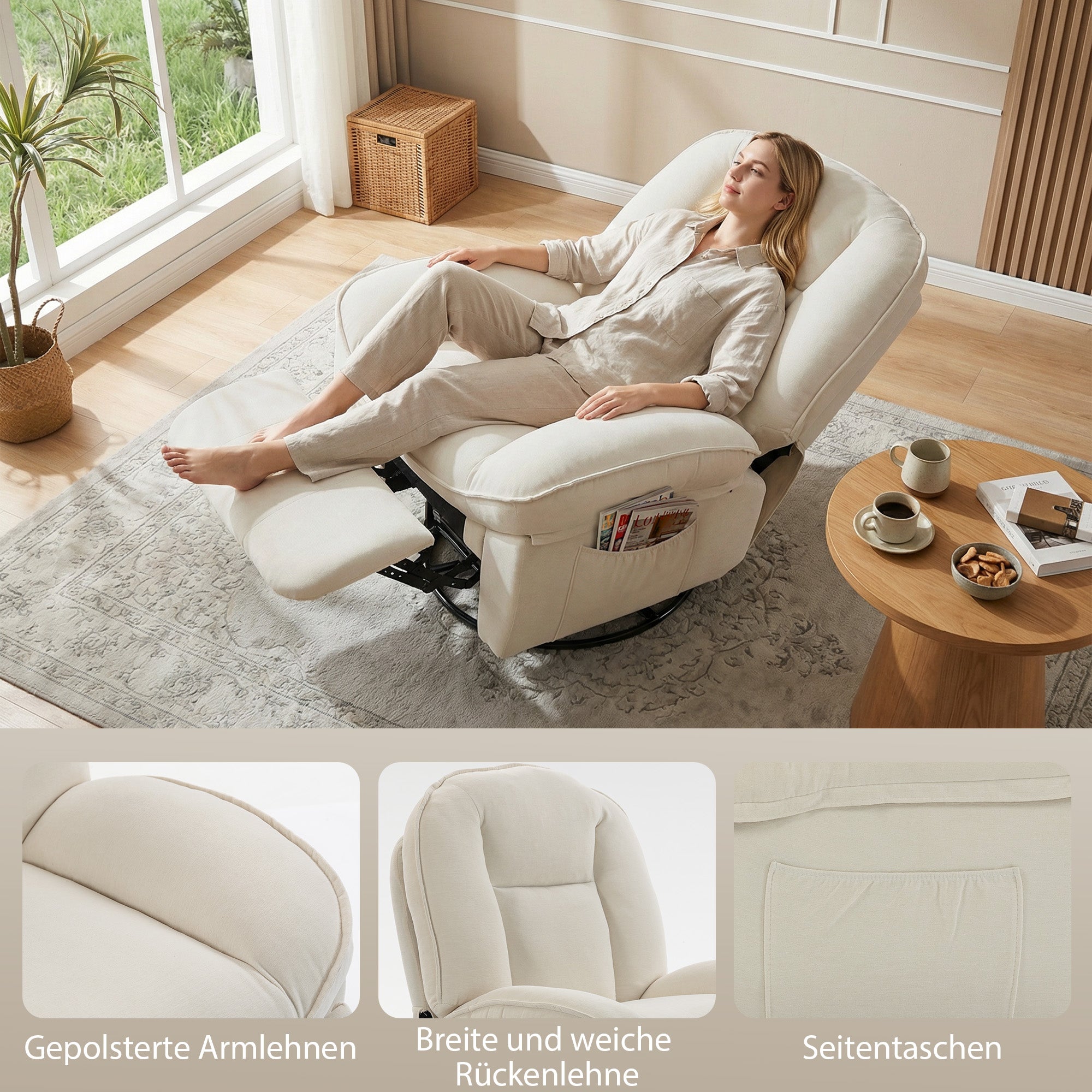 Recliner Chair — Padded Swivel & Rocking TV Recliner with Footrest, Deep Seat, Chenille Upholstery, Side Pocket, Up to 331 lb, Cream