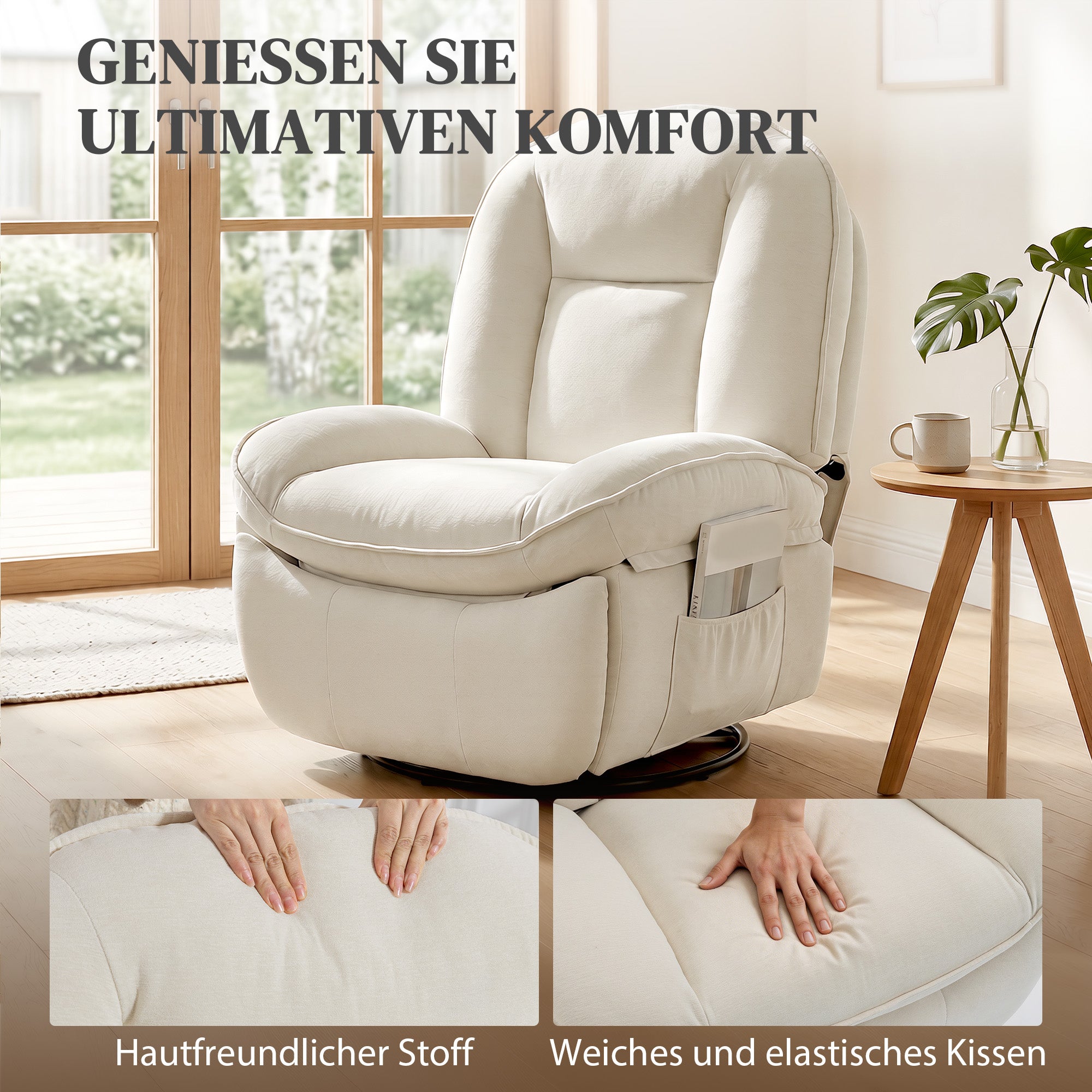 Recliner Chair — Padded Swivel & Rocking TV Recliner with Footrest, Deep Seat, Chenille Upholstery, Side Pocket, Up to 331 lb, Cream