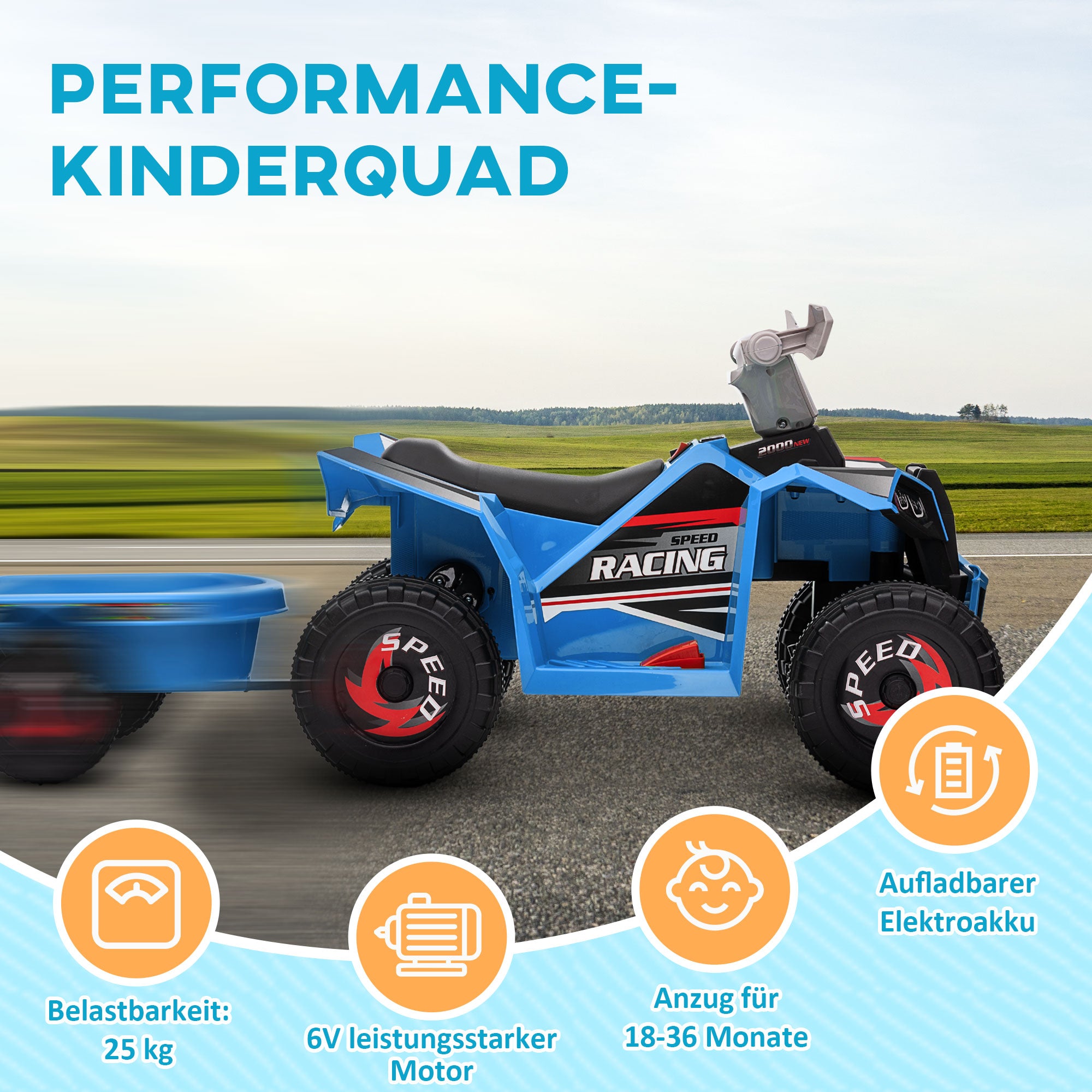 Kids Electric Quad 6V Kids Quad, Children's Vehicle, Electric Car with Trailer for Kids 1.5-3 Years, 2.5 km/h, Metal, 106 x 41.5 x 48.5 cm, Blue