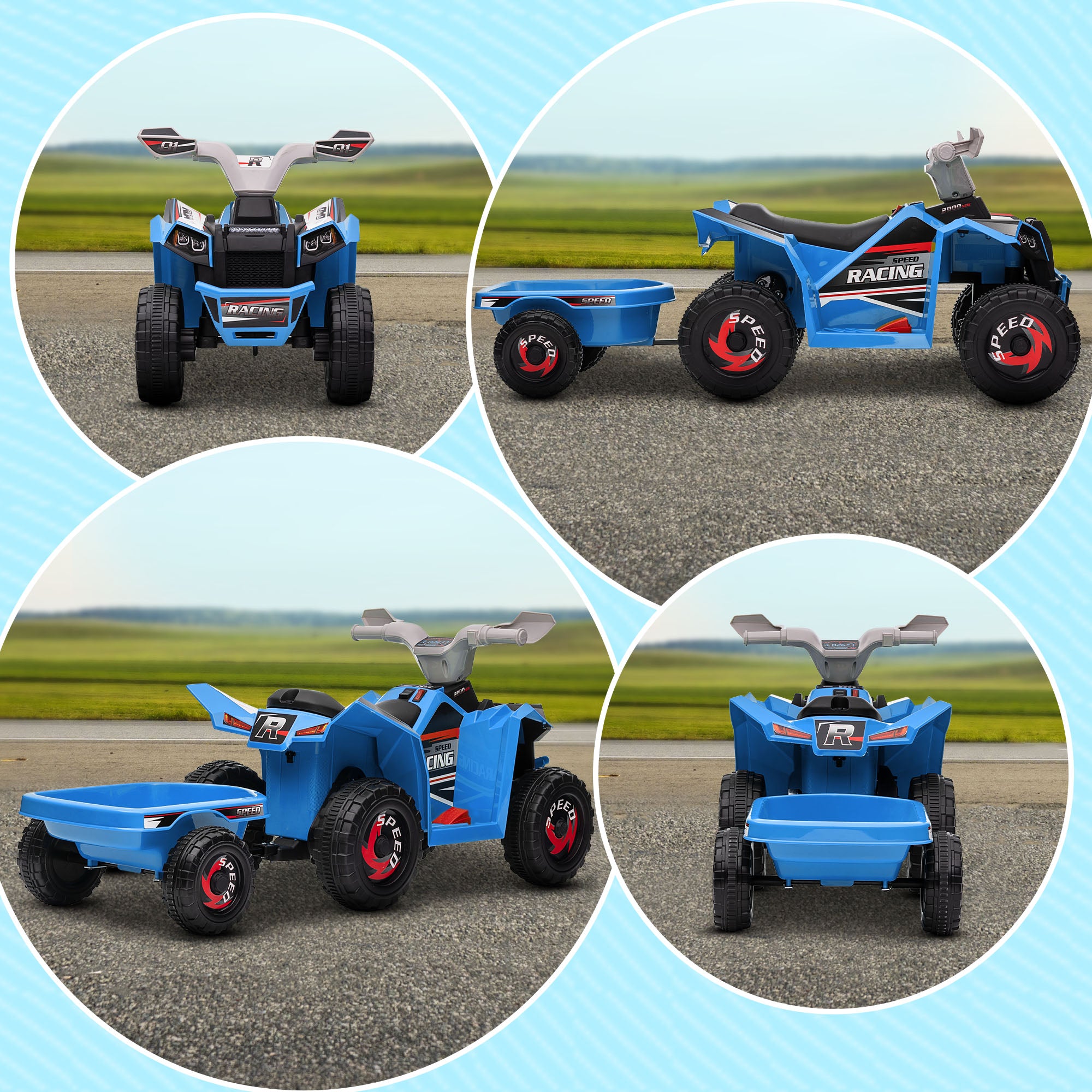 Kids Electric Quad 6V Kids Quad, Children's Vehicle, Electric Car with Trailer for Kids 1.5-3 Years, 2.5 km/h, Metal, 106 x 41.5 x 48.5 cm, Blue