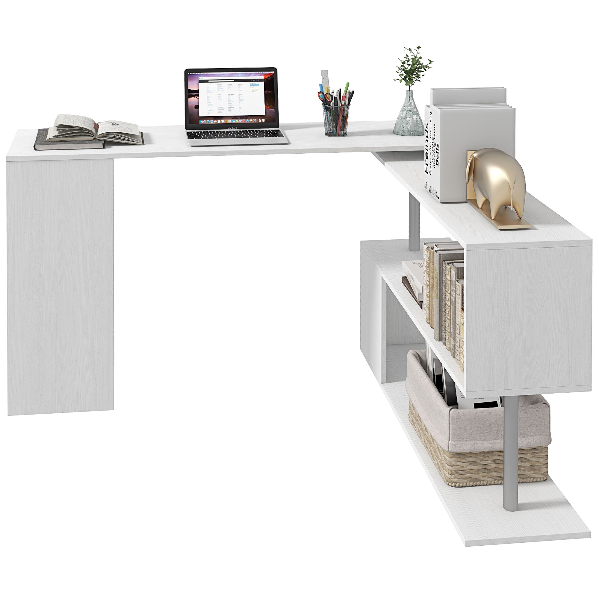 Space-Saving Corner Desk with S-Shaped Shelf, Modern Wooden Desk, 140x120x78 cm, White