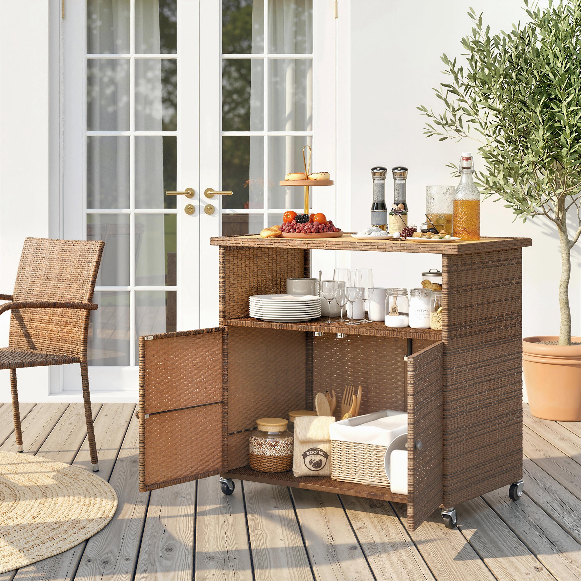 Rattan Serving Cart with FSC Eucalyptus Wood Top, Shelf, Wheels & Side Handle — Outdoor Bar/Grill Cart for Garden, Pool & Patio (95 x 54 x 84 cm / 37.4 x 21.3 x 33.1 in)