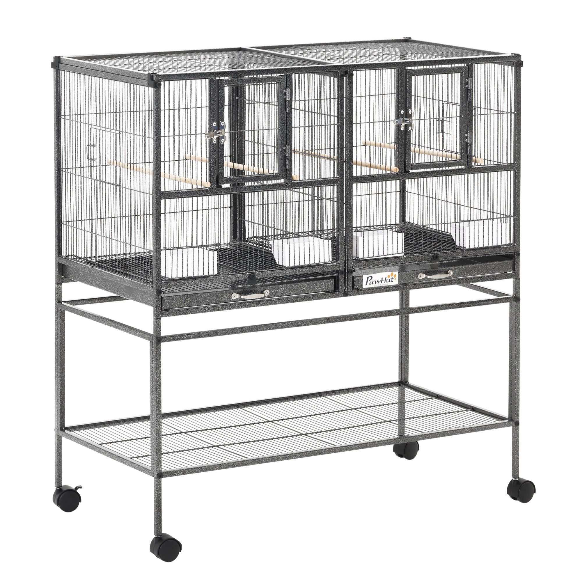 Bird Cage with Wheels Double Birdcage with 2 Trays Multiple Doors 4 Feeders 4 Perches for Parakeets Lovebirds Canaries 95x45.5x102 cm Gray