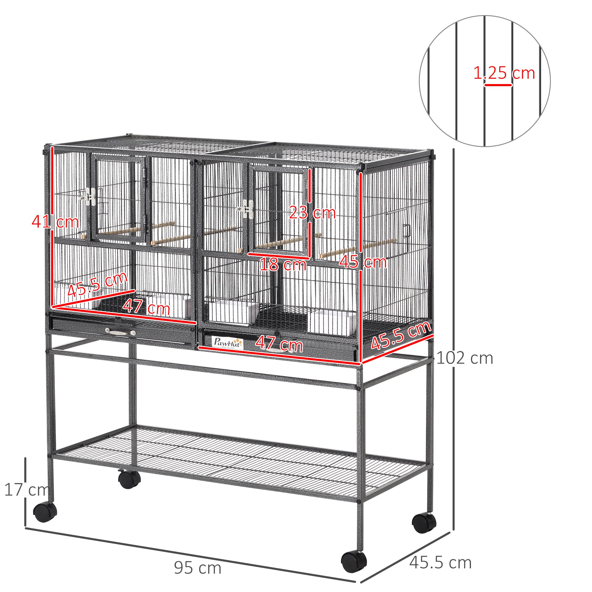 Bird Cage with Wheels Double Birdcage with 2 Trays Multiple Doors 4 Feeders 4 Perches for Parakeets Lovebirds Canaries 95x45.5x102 cm Gray