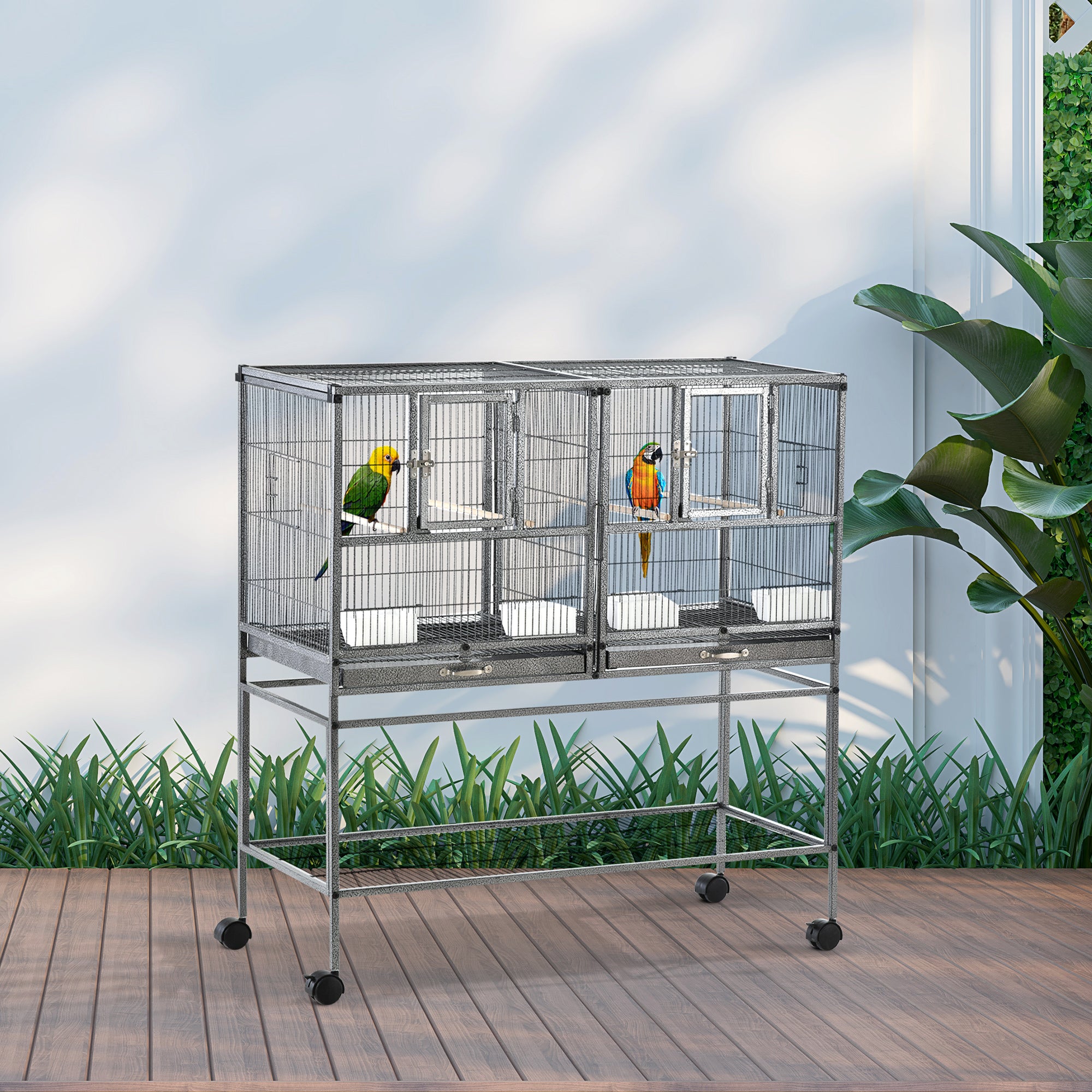 Bird Cage with Wheels Double Birdcage with 2 Trays Multiple Doors 4 Feeders 4 Perches for Parakeets Lovebirds Canaries 95x45.5x102 cm Gray