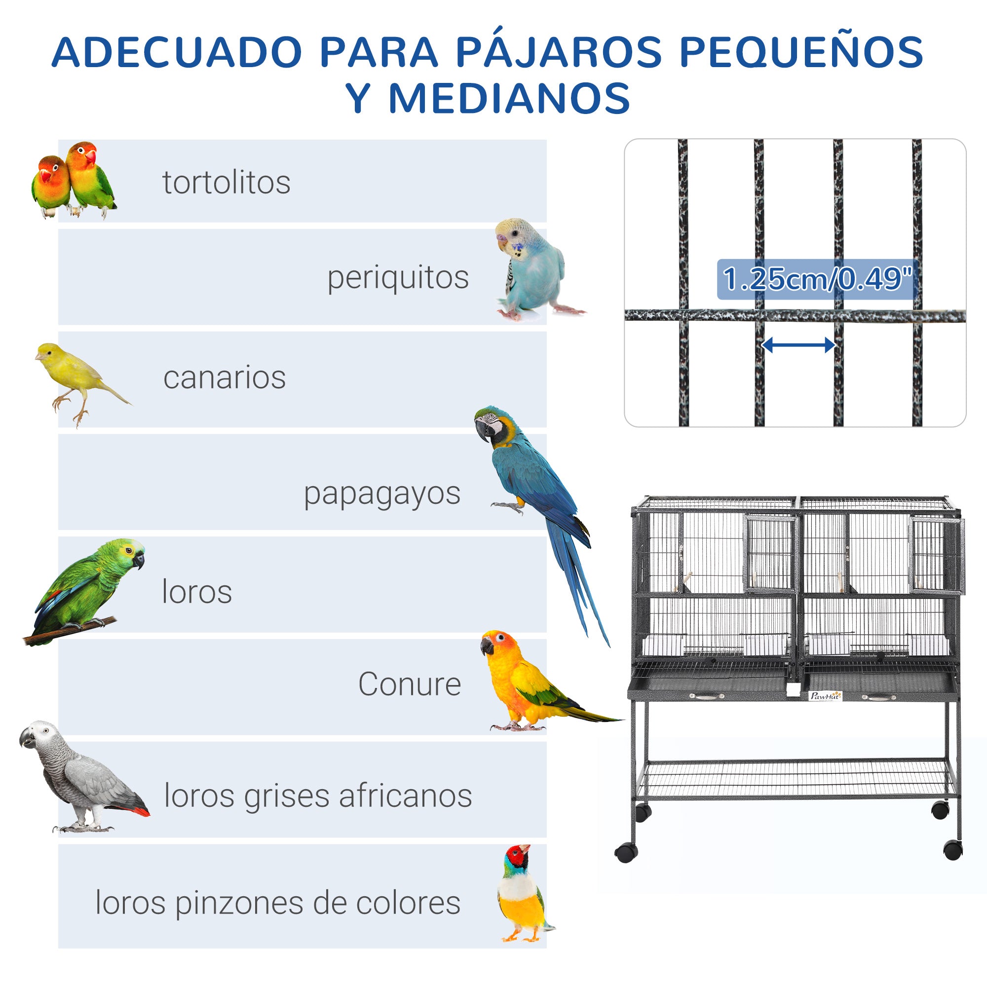Bird Cage with Wheels Double Birdcage with 2 Trays Multiple Doors 4 Feeders 4 Perches for Parakeets Lovebirds Canaries 95x45.5x102 cm Gray