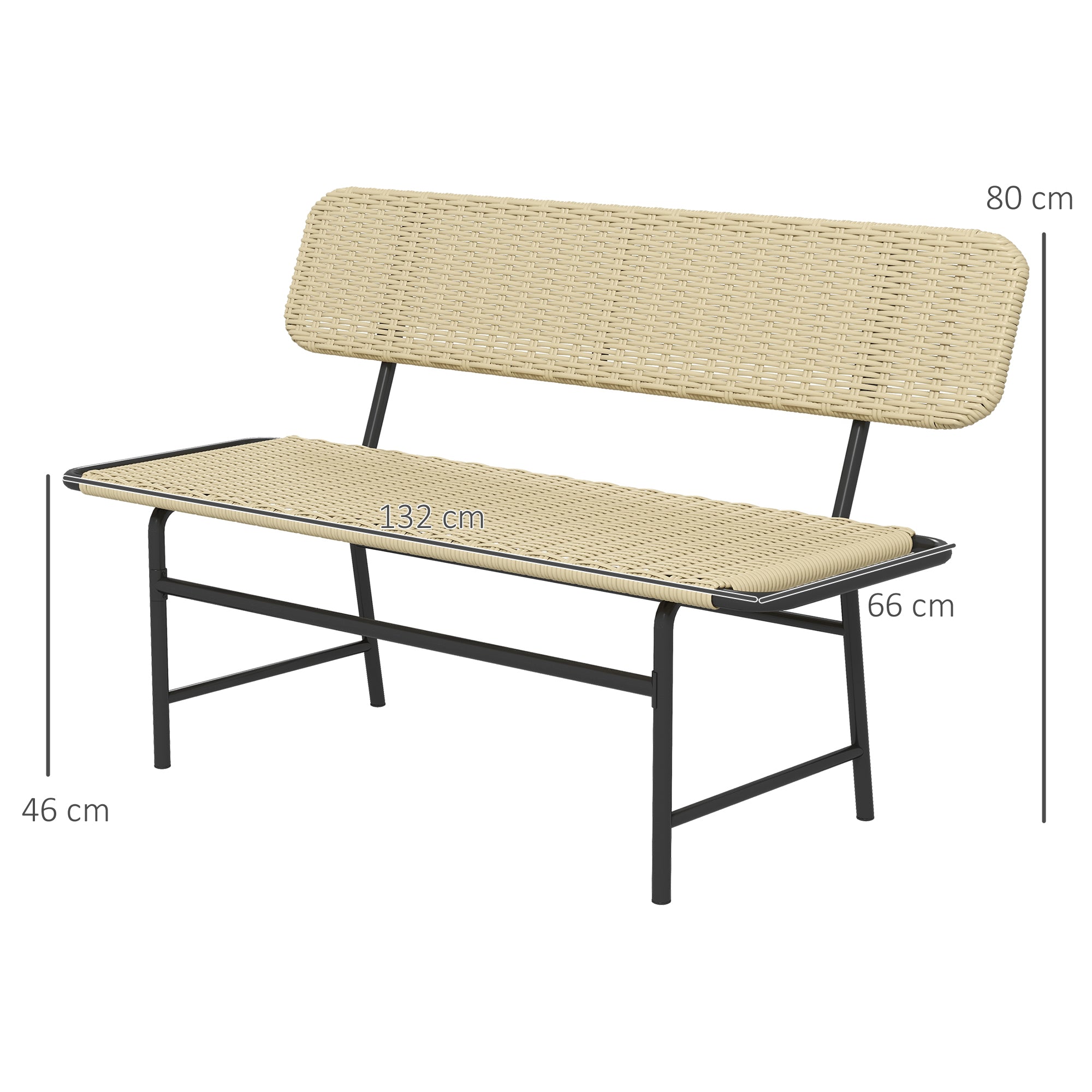 Poly Rattan 2-Seater Garden Bench Rattan Bench without Armrest, Patio Furniture up to 250 kg, for Balcony, Terrace, Metal, Khaki