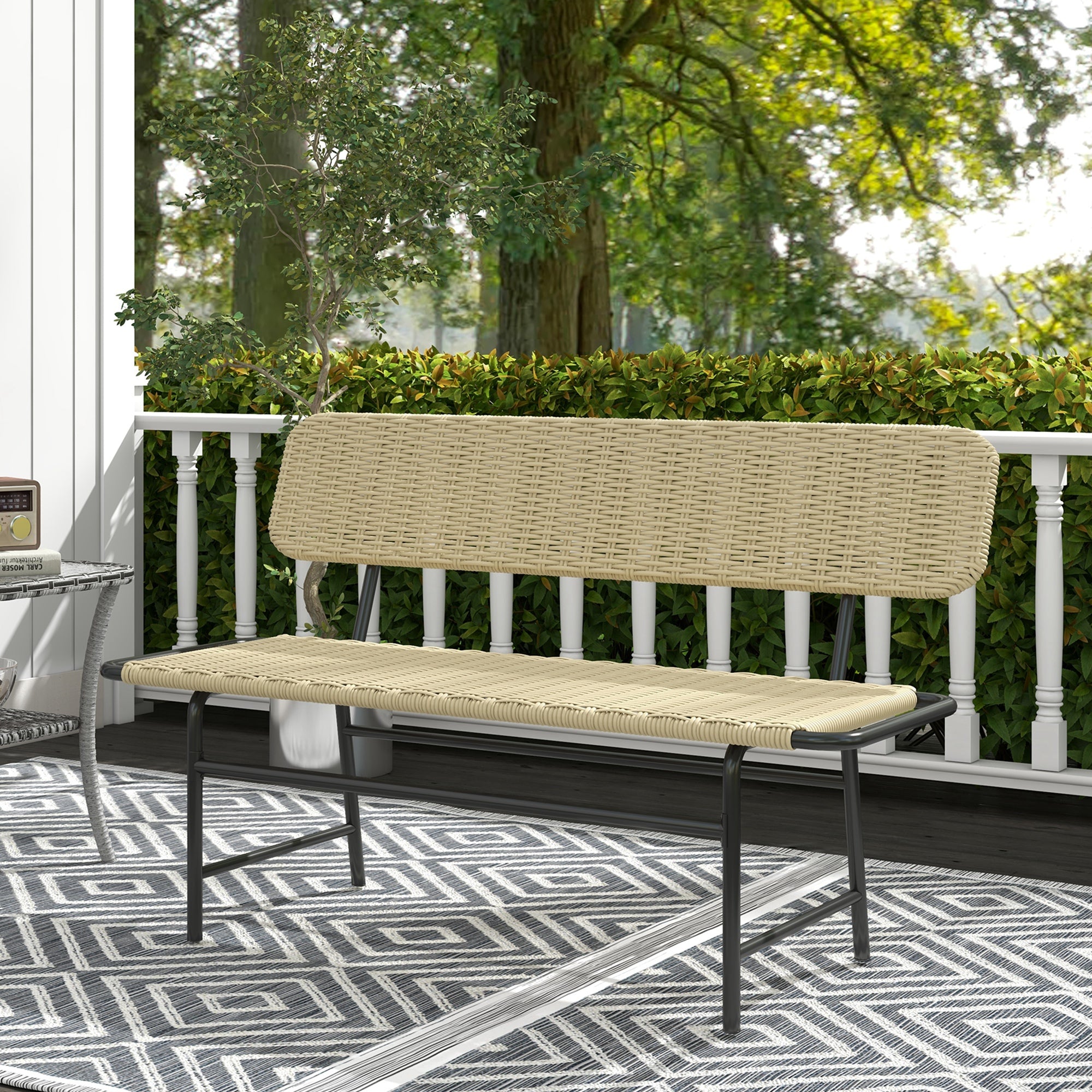 Poly Rattan 2-Seater Garden Bench Rattan Bench without Armrest, Patio Furniture up to 250 kg, for Balcony, Terrace, Metal, Khaki