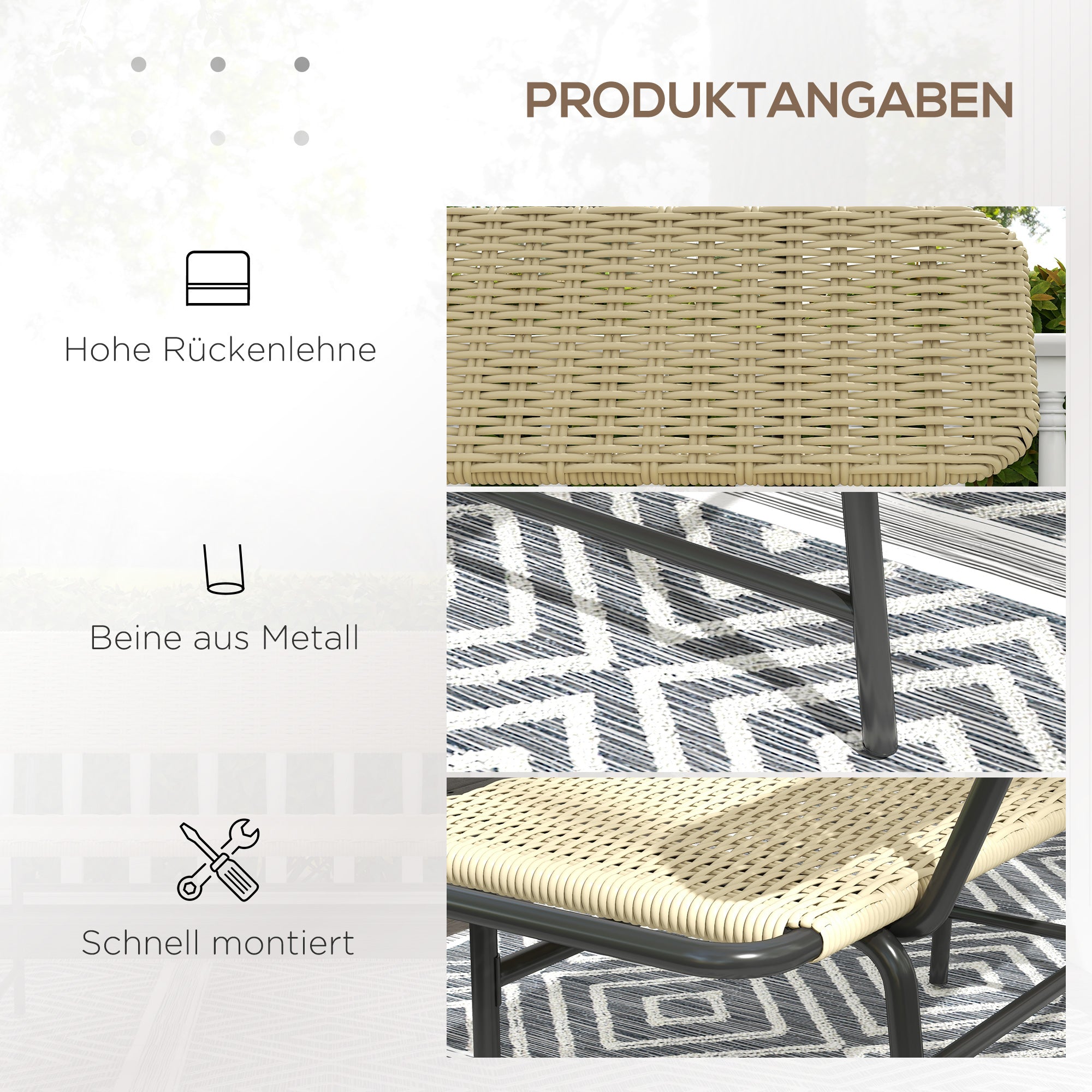 Poly Rattan 2-Seater Garden Bench Rattan Bench without Armrest, Patio Furniture up to 250 kg, for Balcony, Terrace, Metal, Khaki