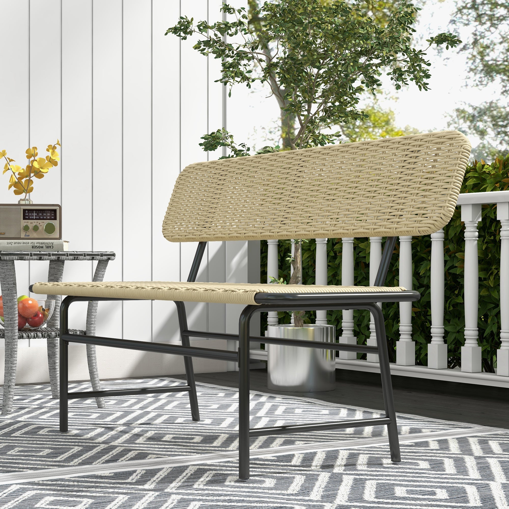 Poly Rattan 2-Seater Garden Bench Rattan Bench without Armrest, Patio Furniture up to 250 kg, for Balcony, Terrace, Metal, Khaki