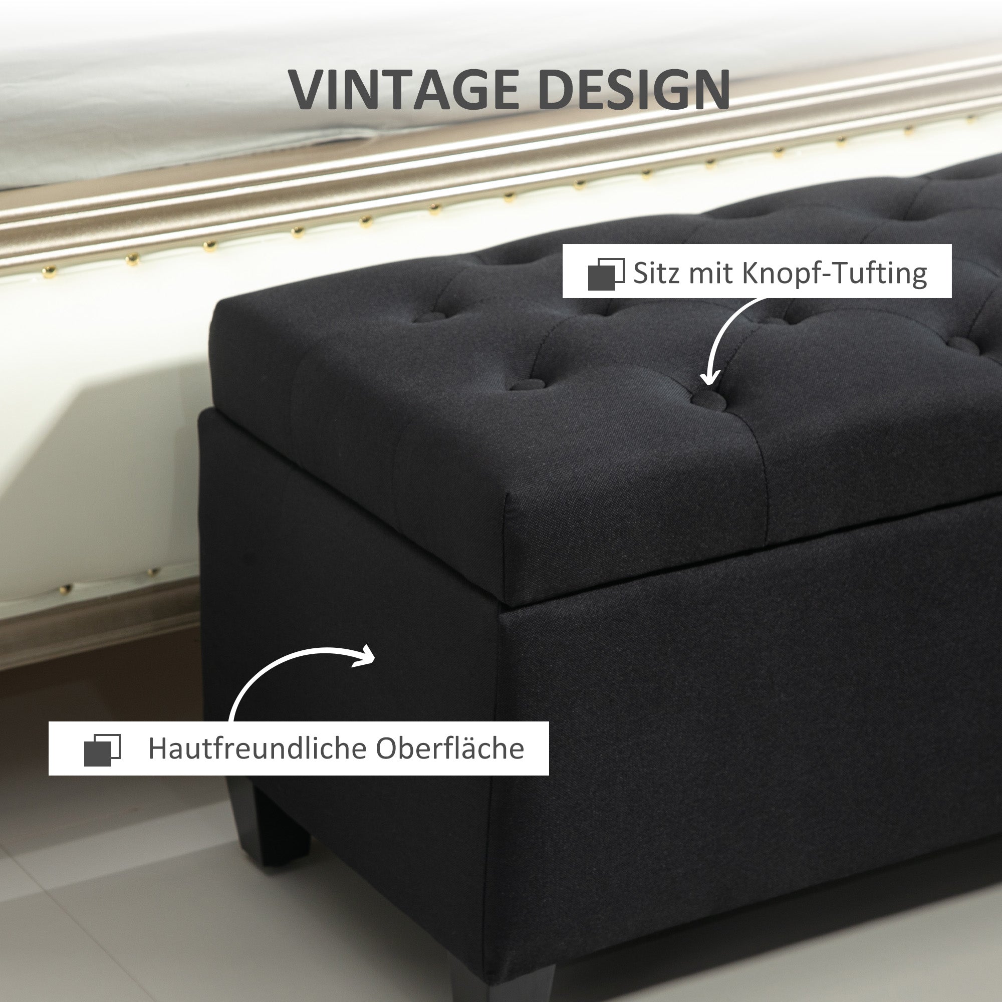 bench with storage trunk bench hallway bedroom living room linen-like polyester rubberwood black 100 x 40 x 44 cm
