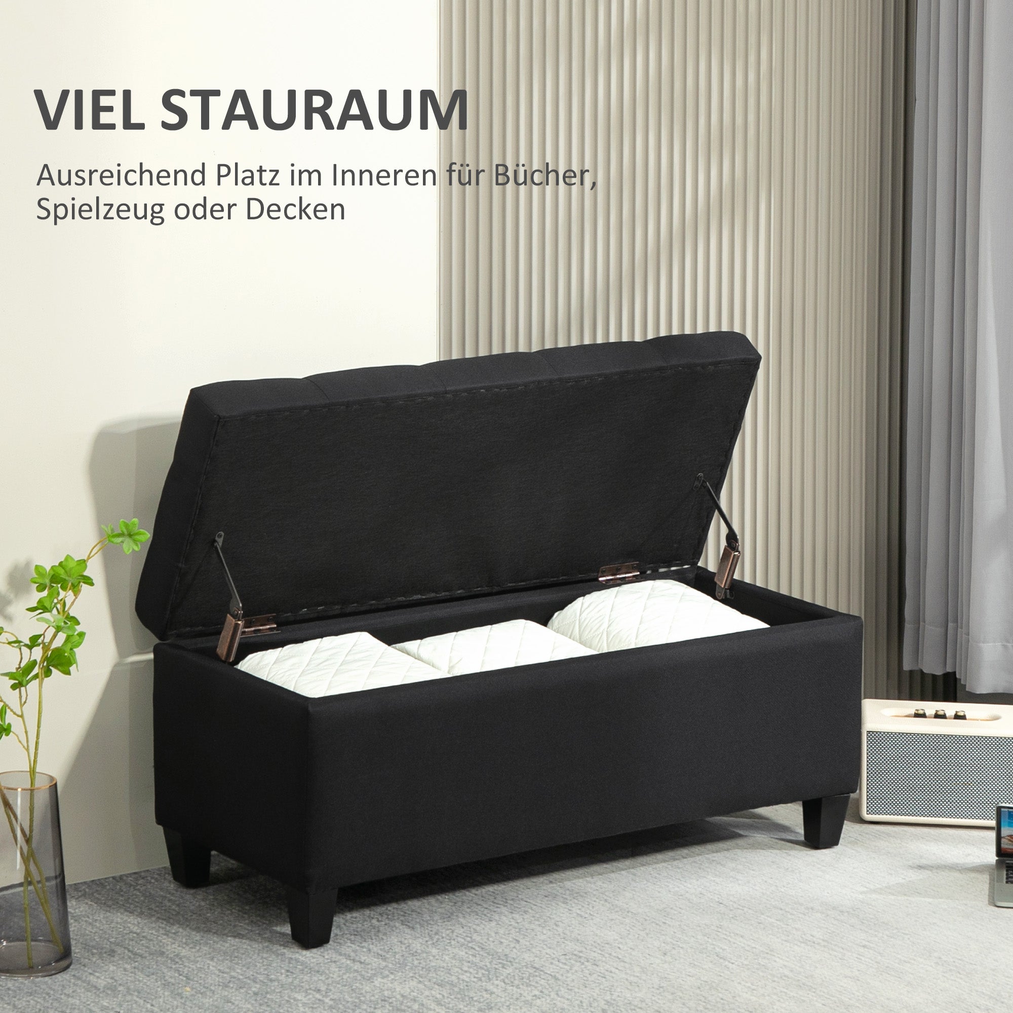 bench with storage trunk bench hallway bedroom living room linen-like polyester rubberwood black 100 x 40 x 44 cm