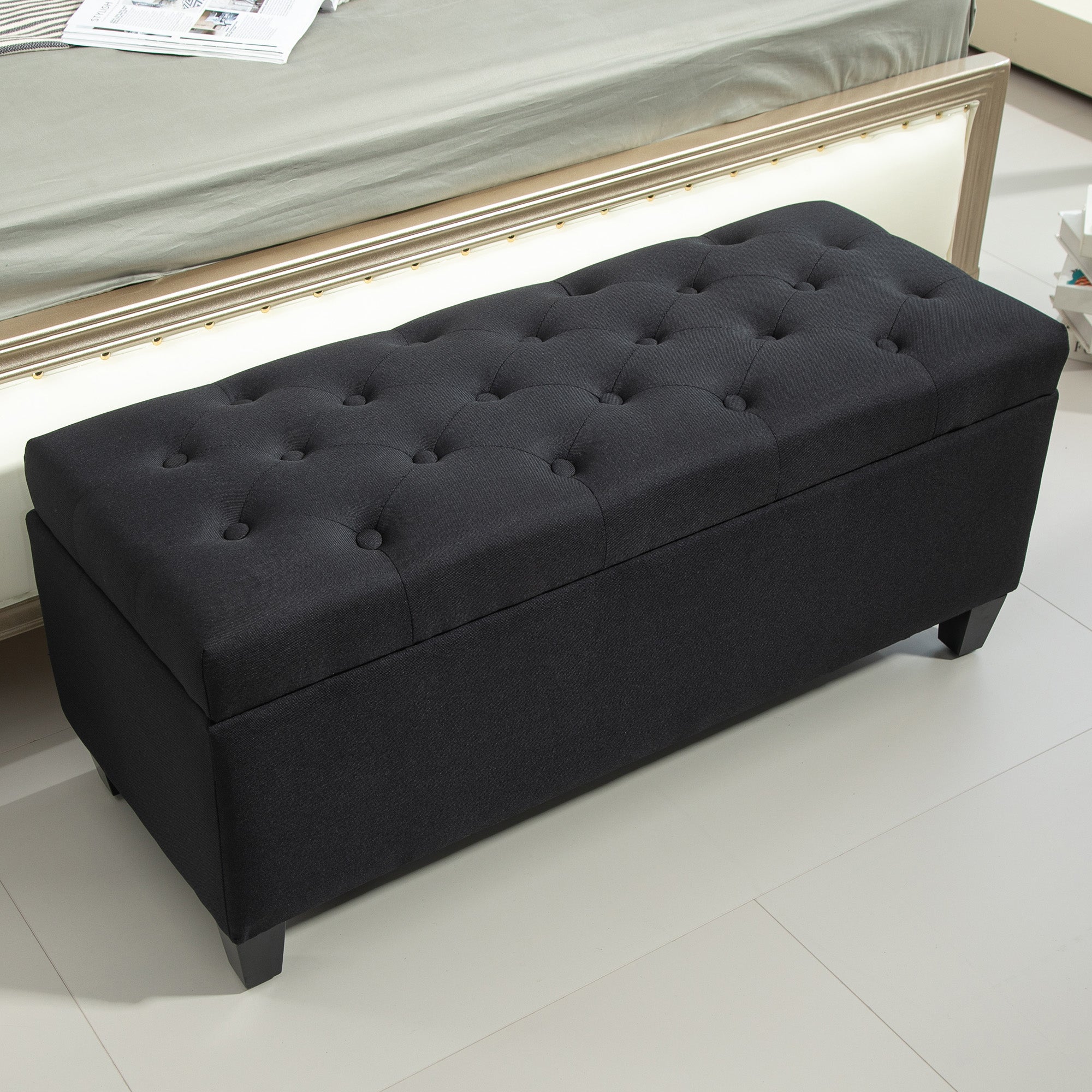 bench with storage trunk bench hallway bedroom living room linen-like polyester rubberwood black 100 x 40 x 44 cm