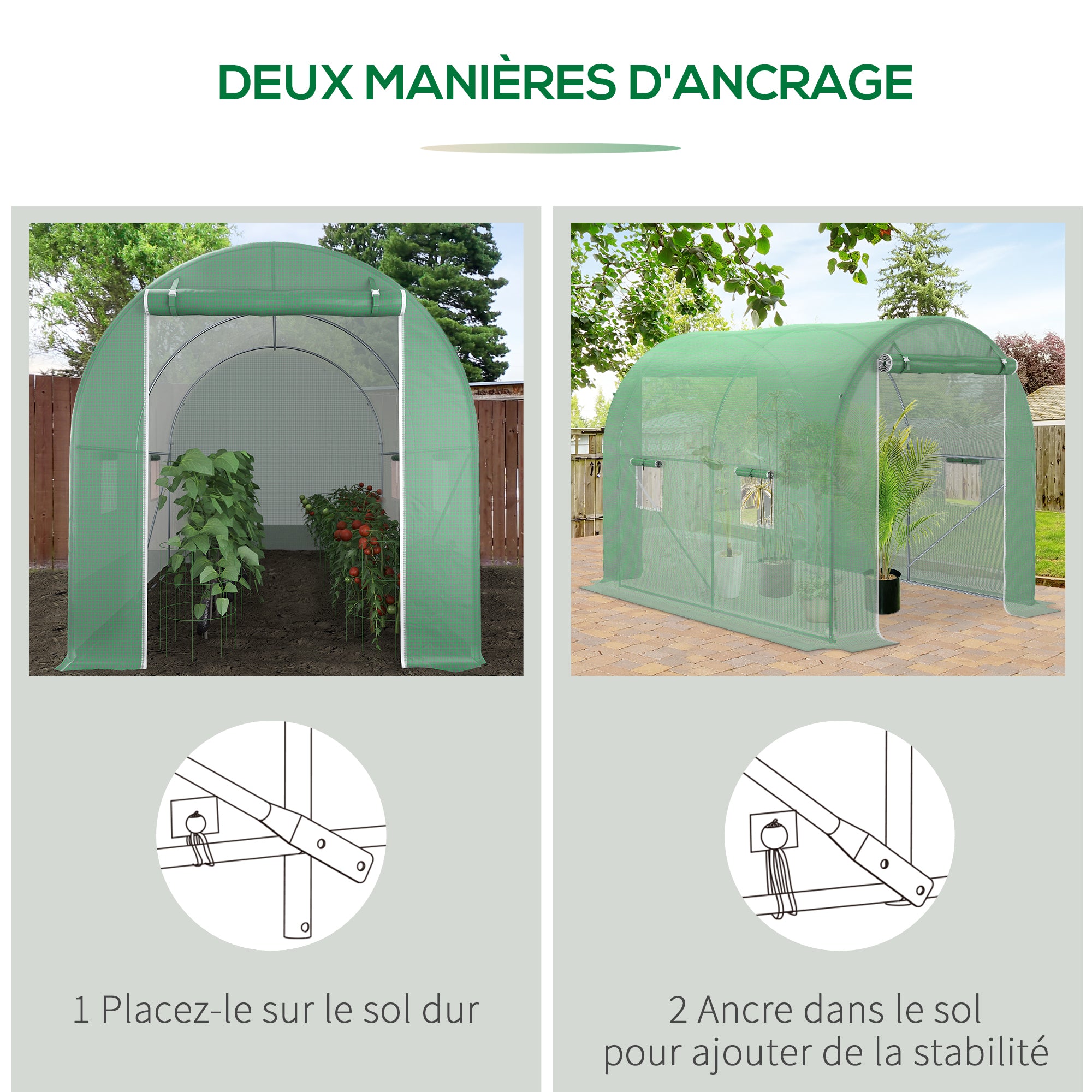 Garden Tunnel Greenhouse Ground Surface 6 m² 3L x 2W x 2.10H m Reinforced Tubular Frame Zippered Door 4 Roll-Up Windows Green