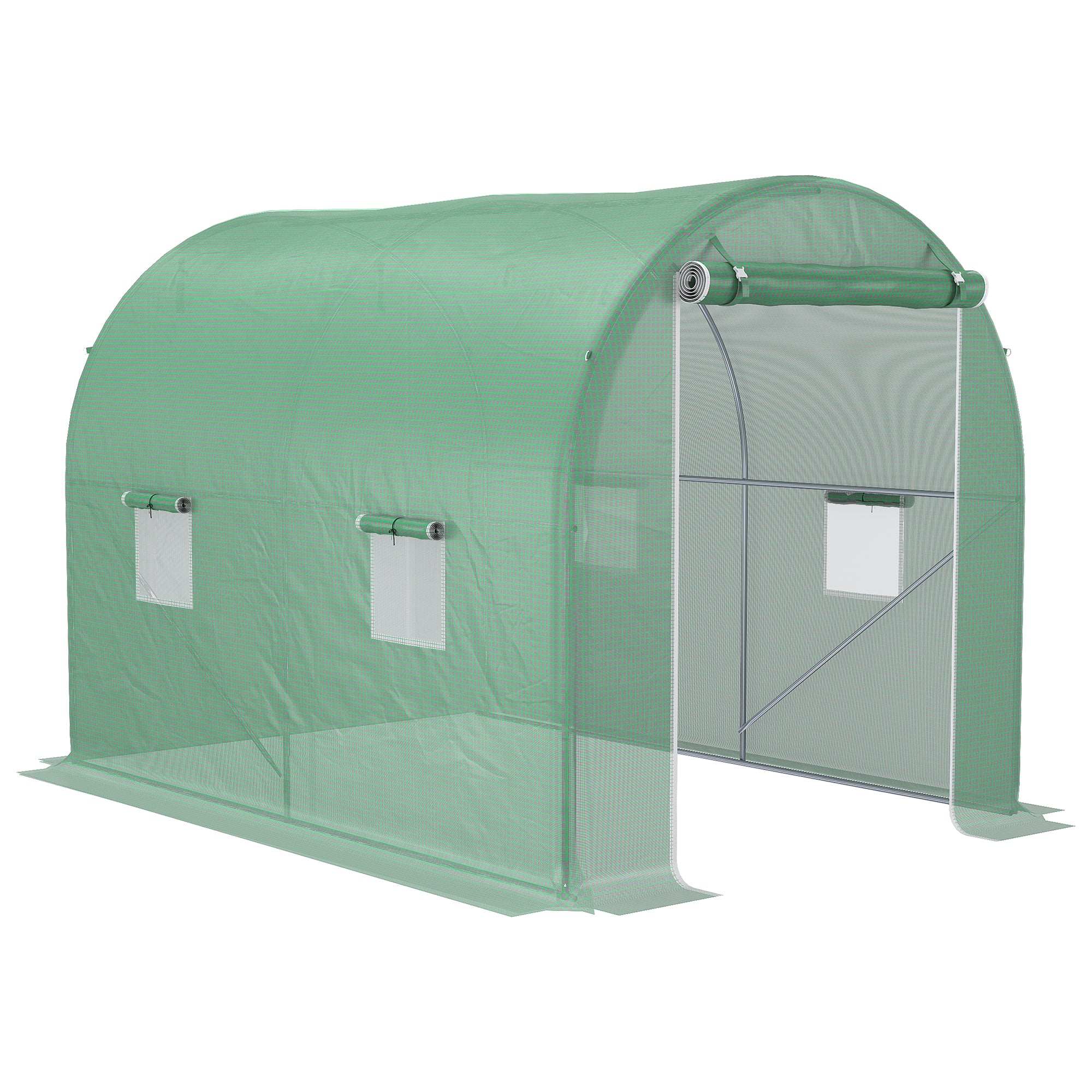 Garden Tunnel Greenhouse Ground Surface 6 m² 3L x 2W x 2.10H m Reinforced Tubular Frame Zippered Door 4 Roll-Up Windows Green