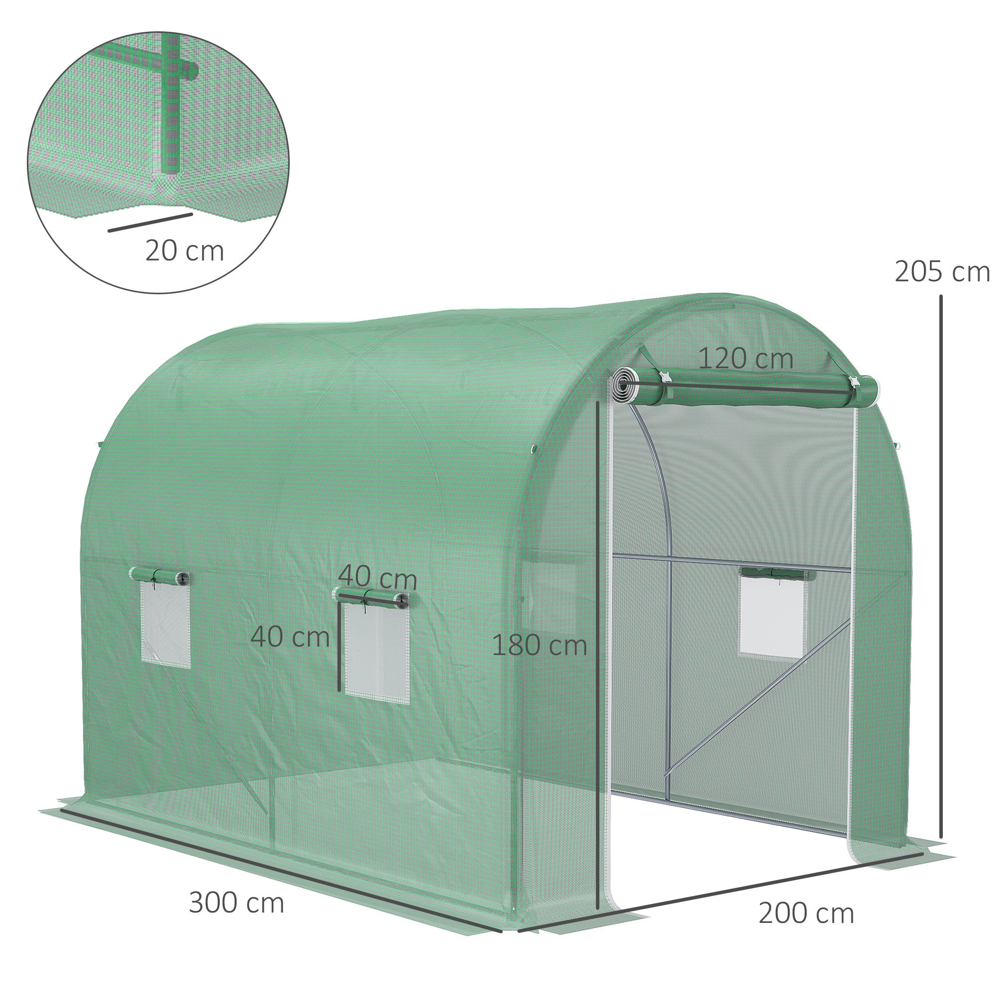 Garden Tunnel Greenhouse Ground Surface 6 m² 3L x 2W x 2.10H m Reinforced Tubular Frame Zippered Door 4 Roll-Up Windows Green