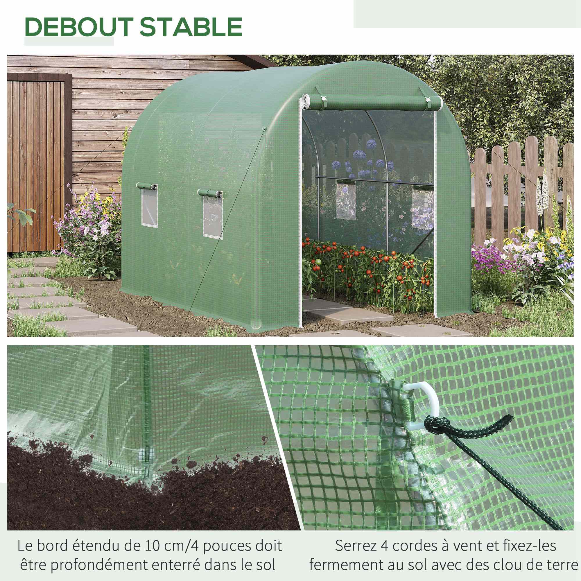 Garden Tunnel Greenhouse Ground Surface 6 m² 3L x 2W x 2.10H m Reinforced Tubular Frame Zippered Door 4 Roll-Up Windows Green