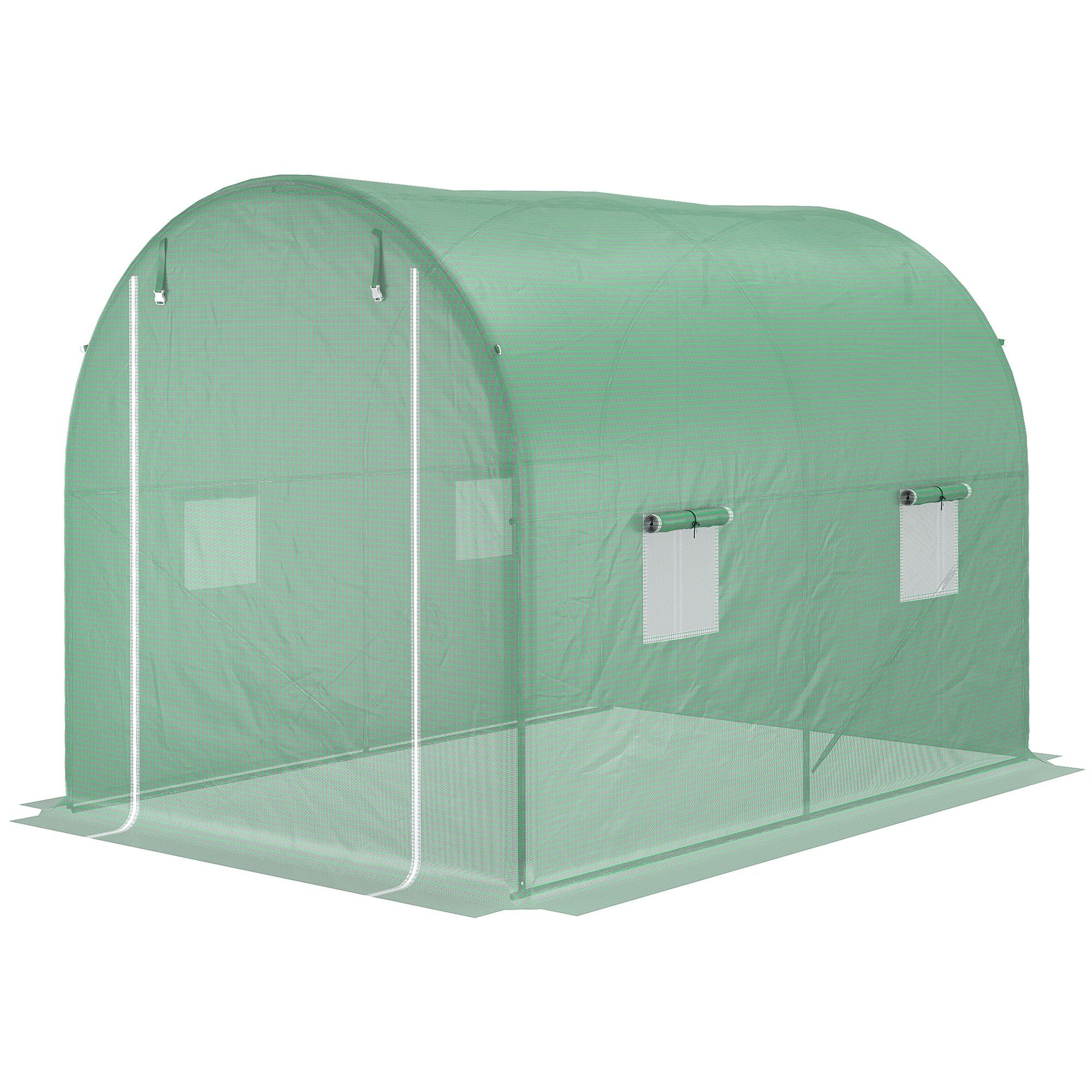 Garden Tunnel Greenhouse Ground Surface 6 m² 3L x 2W x 2.10H m Reinforced Tubular Frame Zippered Door 4 Roll-Up Windows Green