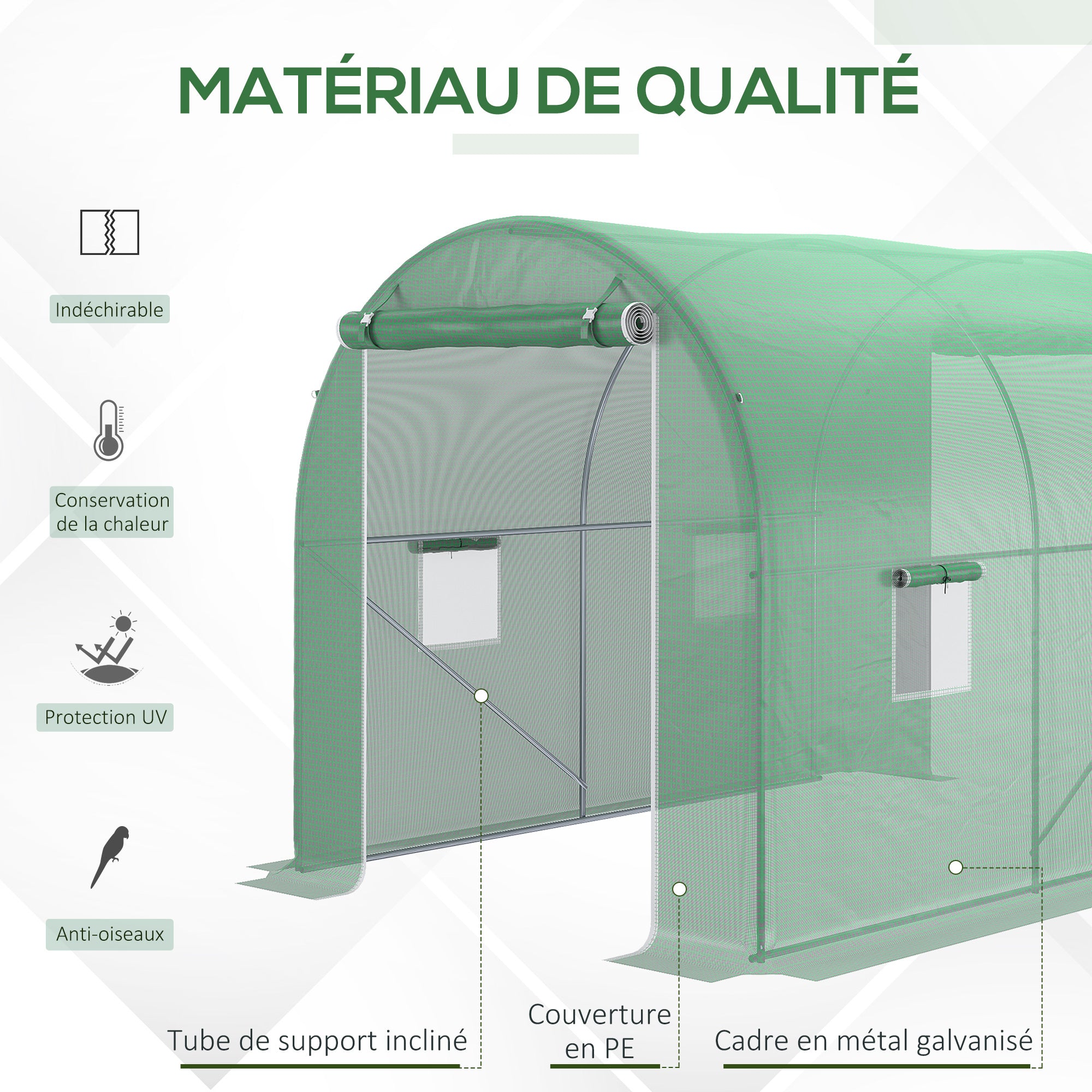 Garden Tunnel Greenhouse Ground Surface 6 m² 3L x 2W x 2.10H m Reinforced Tubular Frame Zippered Door 4 Roll-Up Windows Green