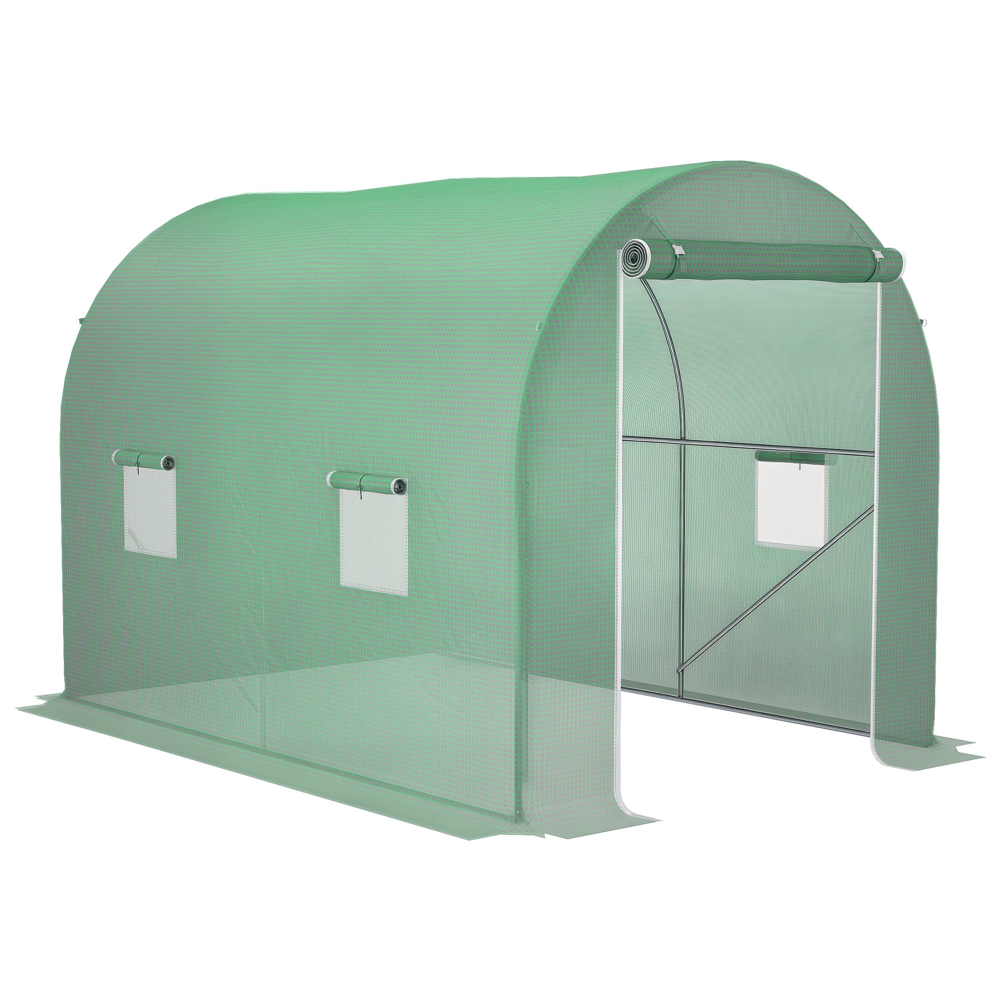 Garden Tunnel Greenhouse Ground Surface 6 m² 3L x 2W x 2.10H m Reinforced Tubular Frame Zippered Door 4 Roll-Up Windows Green