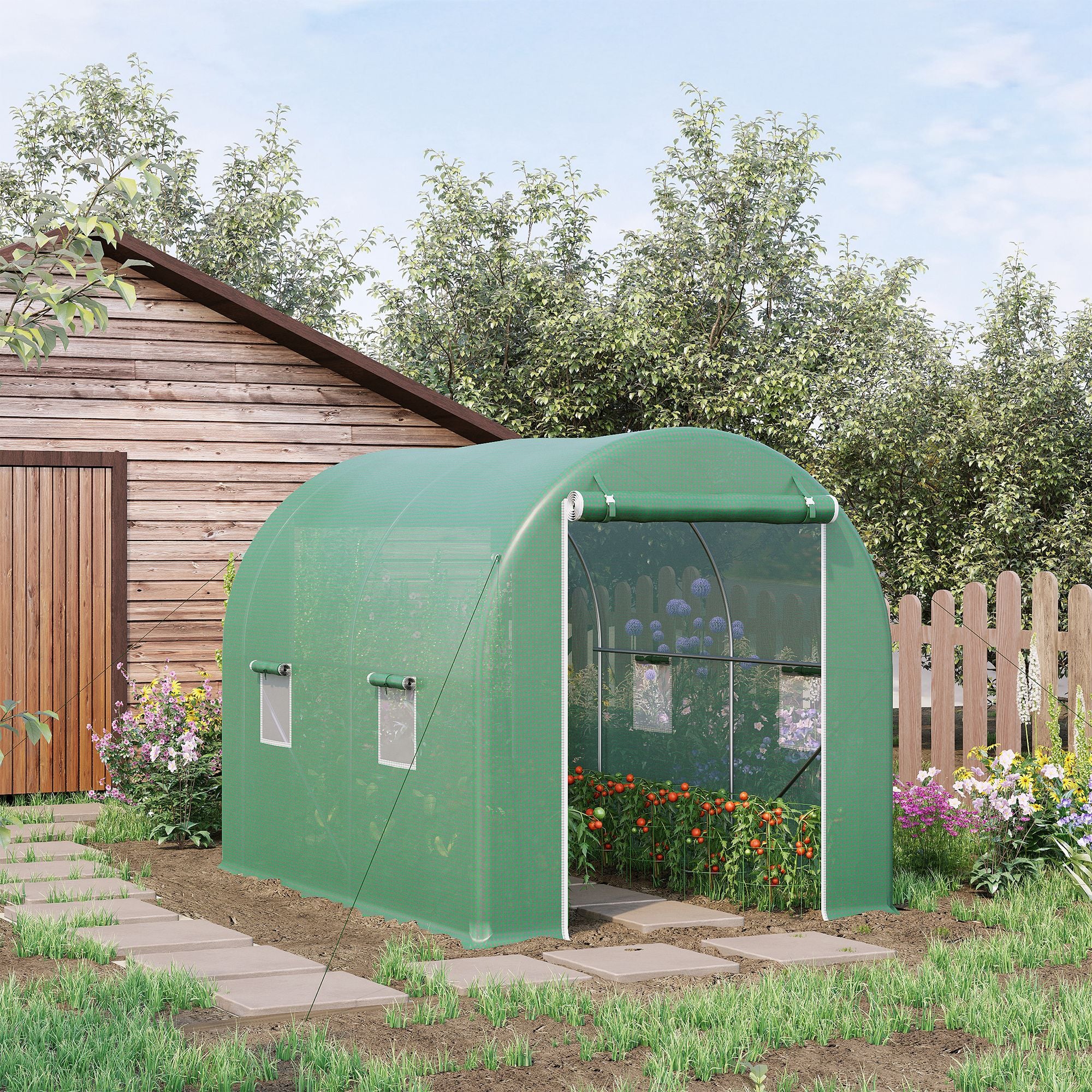 Garden Tunnel Greenhouse Ground Surface 6 m² 3L x 2W x 2.10H m Reinforced Tubular Frame Zippered Door 4 Roll-Up Windows Green