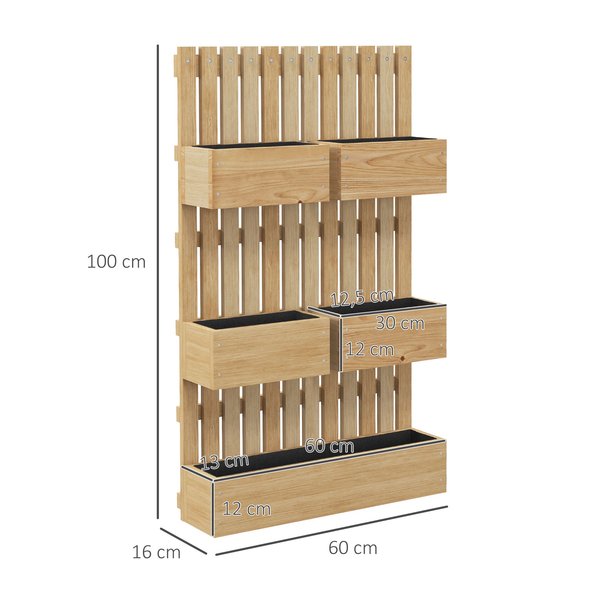 Wall Planter with 5 Removable Solid Wood Trellis Bins, Non-Woven Fabric, 60 x 16 x 100 cm