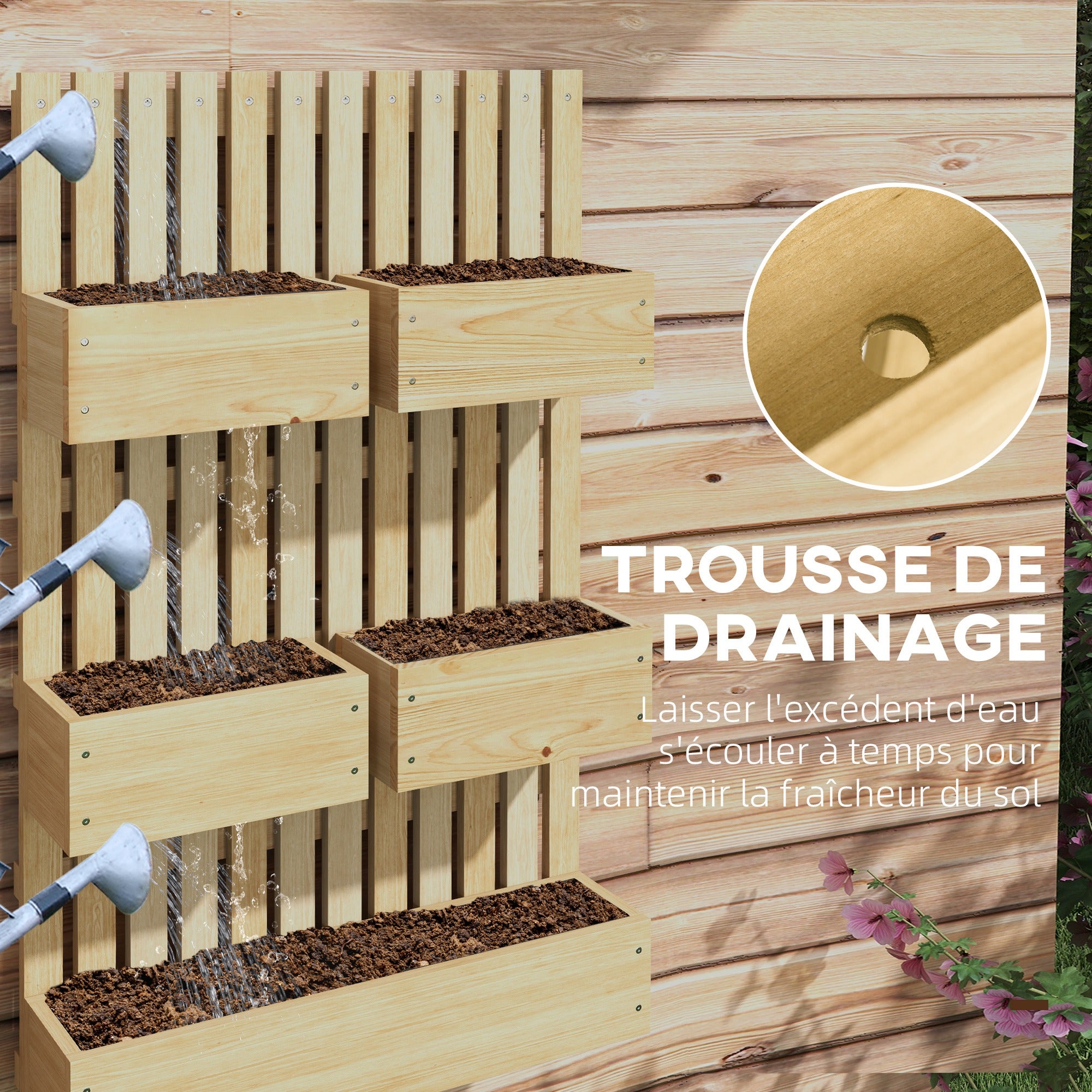 Wall Planter with 5 Removable Solid Wood Trellis Bins, Non-Woven Fabric, 60 x 16 x 100 cm