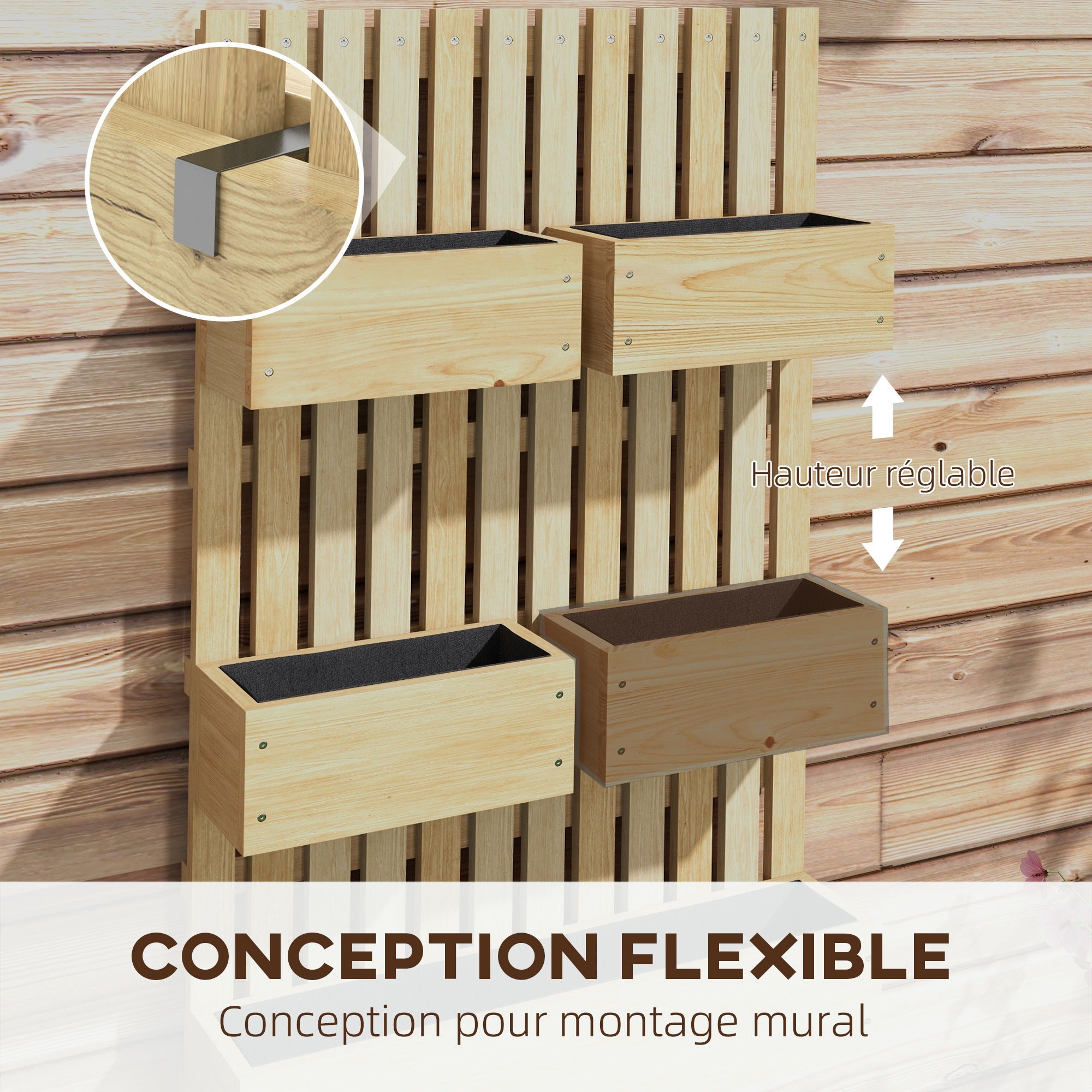 Wall Planter with 5 Removable Solid Wood Trellis Bins, Non-Woven Fabric, 60 x 16 x 100 cm