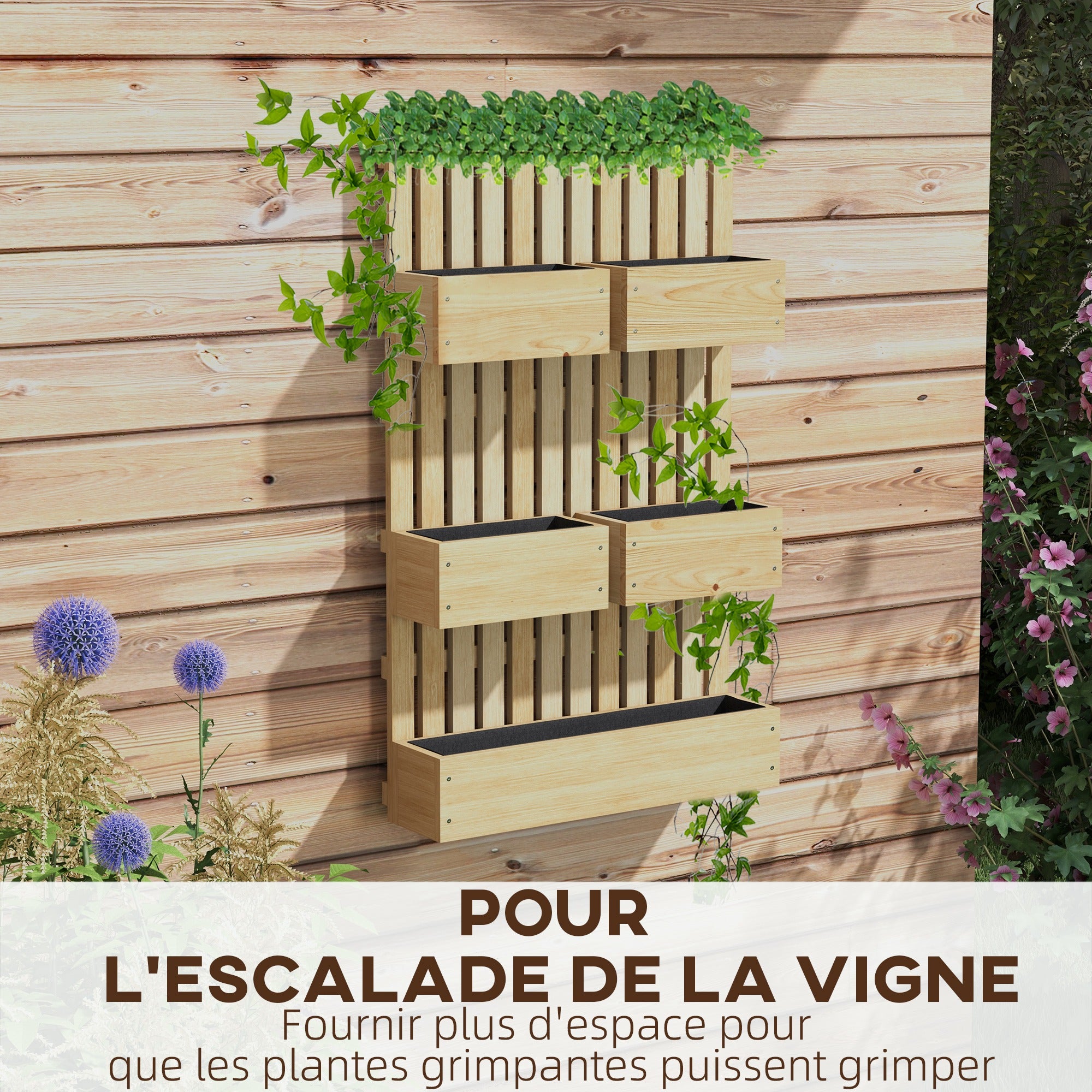 Wall Planter with 5 Removable Solid Wood Trellis Bins, Non-Woven Fabric, 60 x 16 x 100 cm