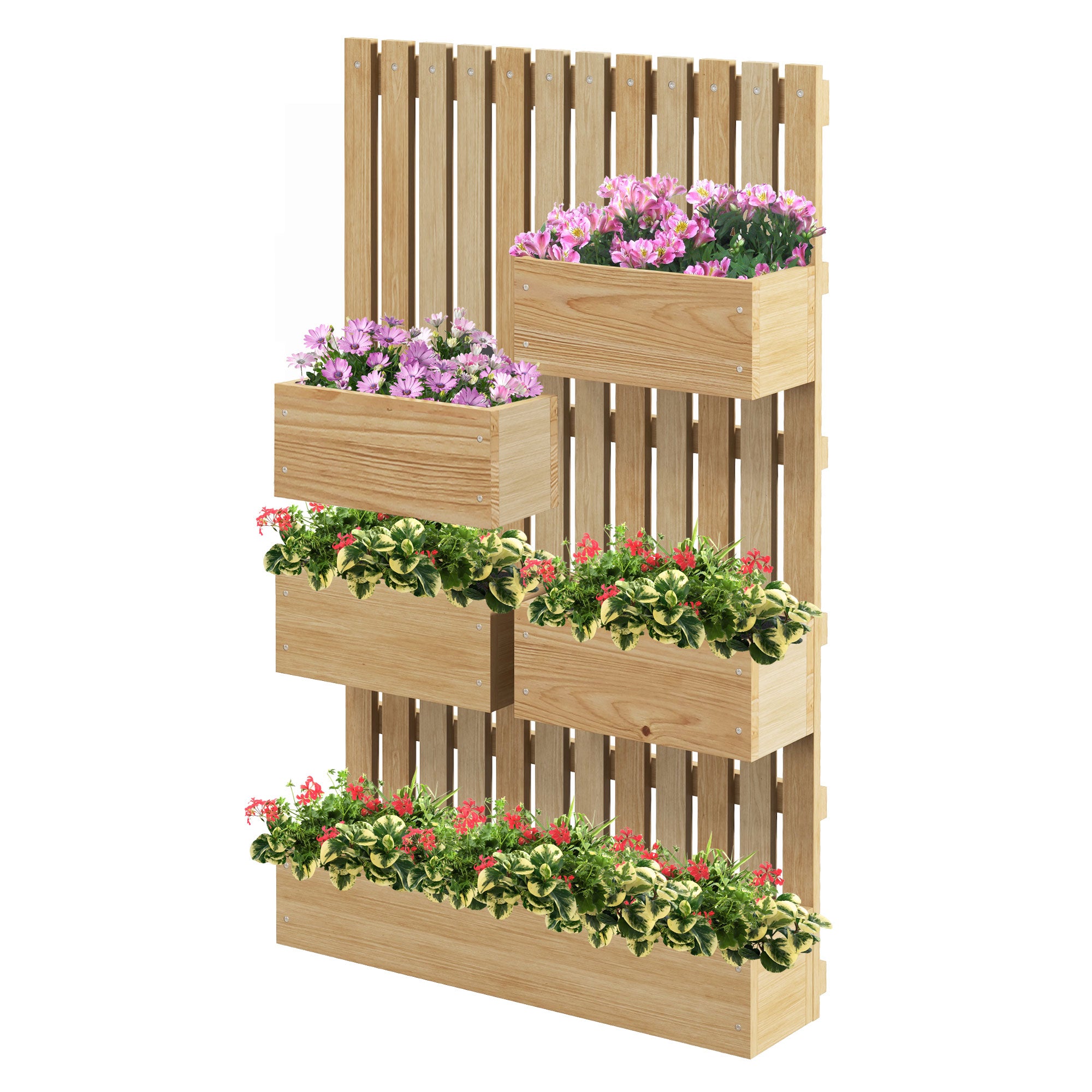 Wall Planter with 5 Removable Solid Wood Trellis Bins, Non-Woven Fabric, 60 x 16 x 100 cm