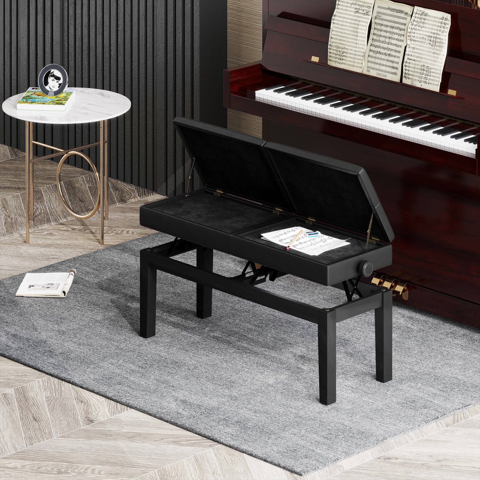 Adjustable Piano Bench Piano Stool with Storage, Supports up to 220 KG, Faux Leather, Black, 105 x 37 x 48-58 cm
