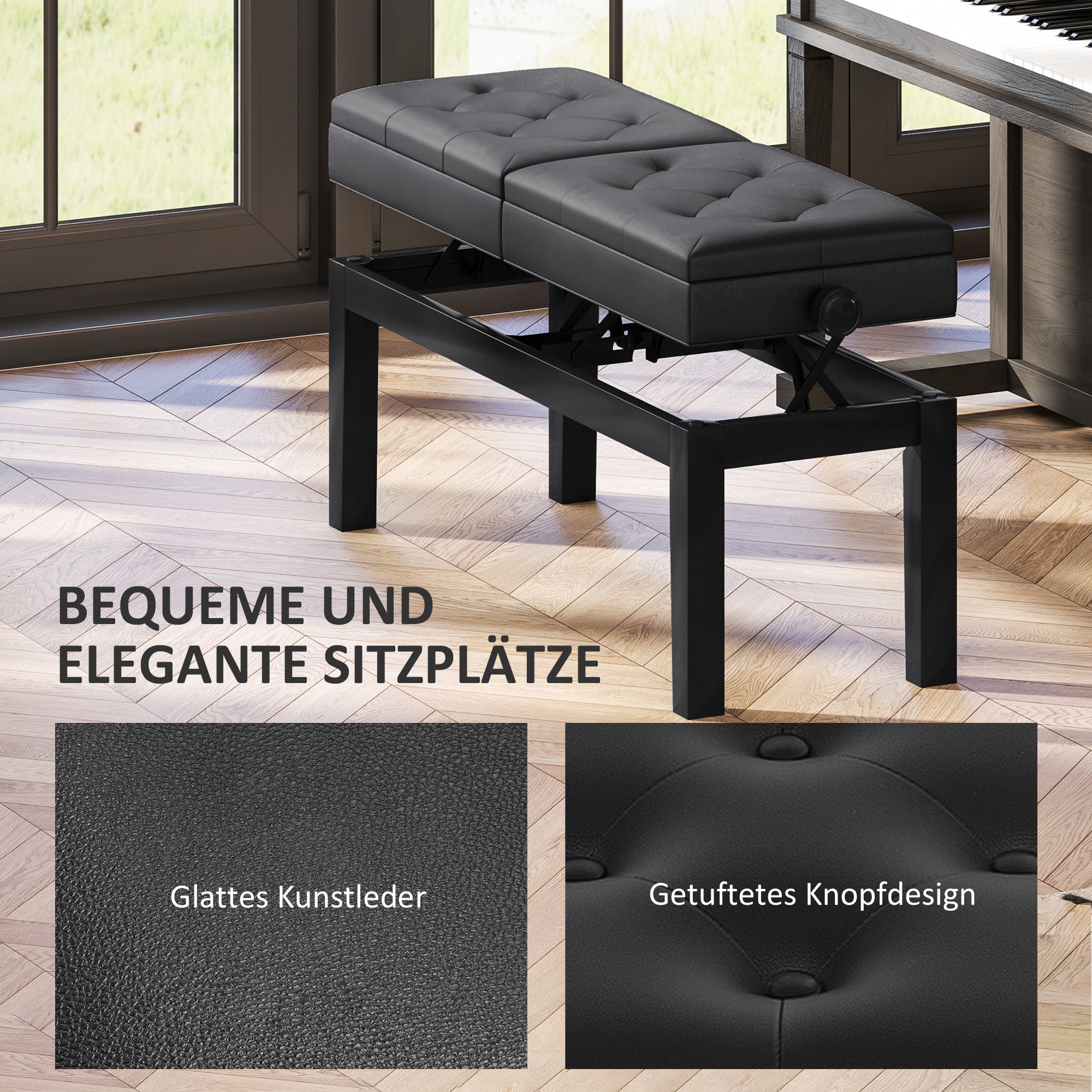 Adjustable Piano Bench Piano Stool with Storage, Supports up to 220 KG, Faux Leather, Black, 105 x 37 x 48-58 cm
